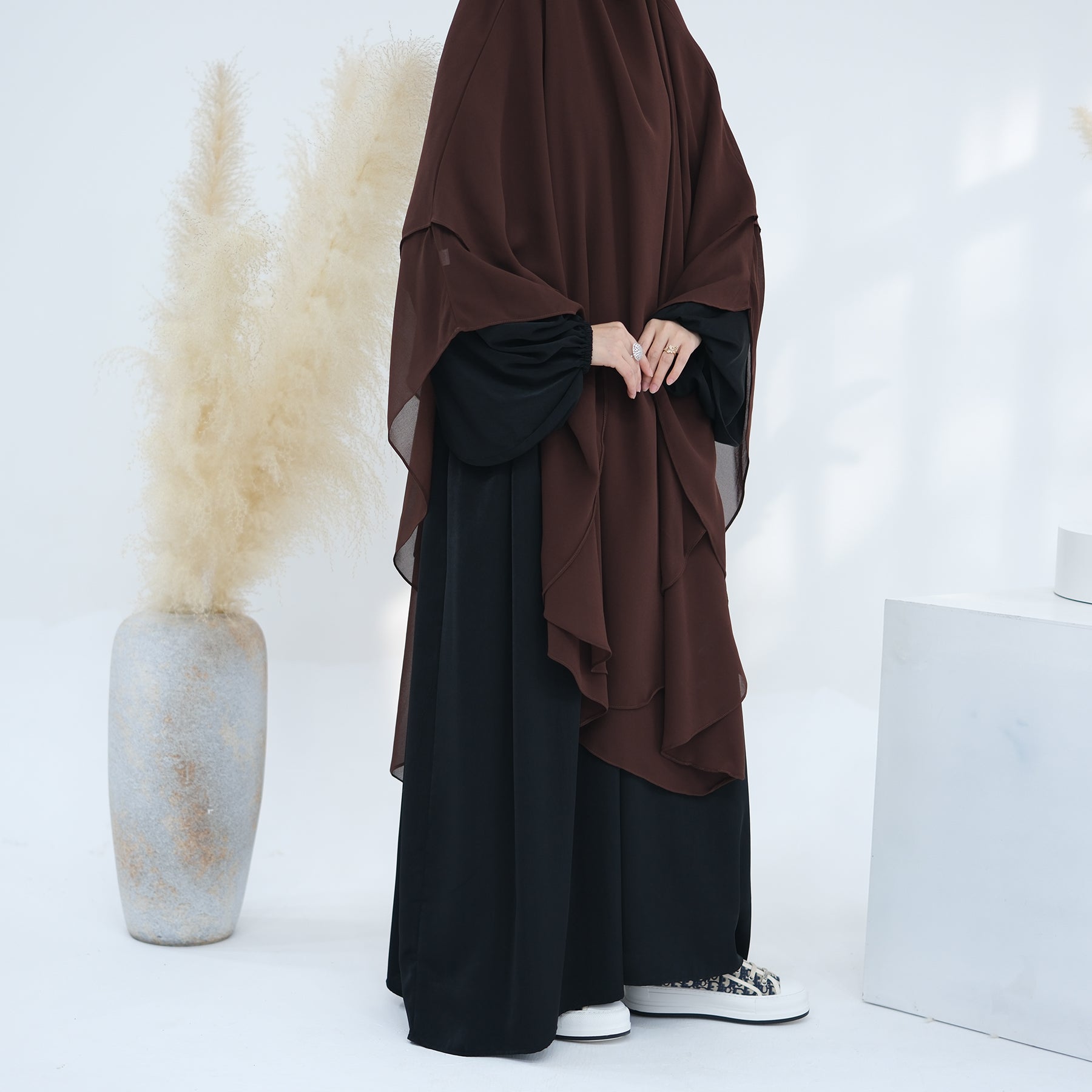 2 Layer Maxi Chiffon Khimar Scarf - Elegant Coffee Color Muslim Prayer Hijab for Women, Perfect for Daily Wear, Prayer, and Special Occasions