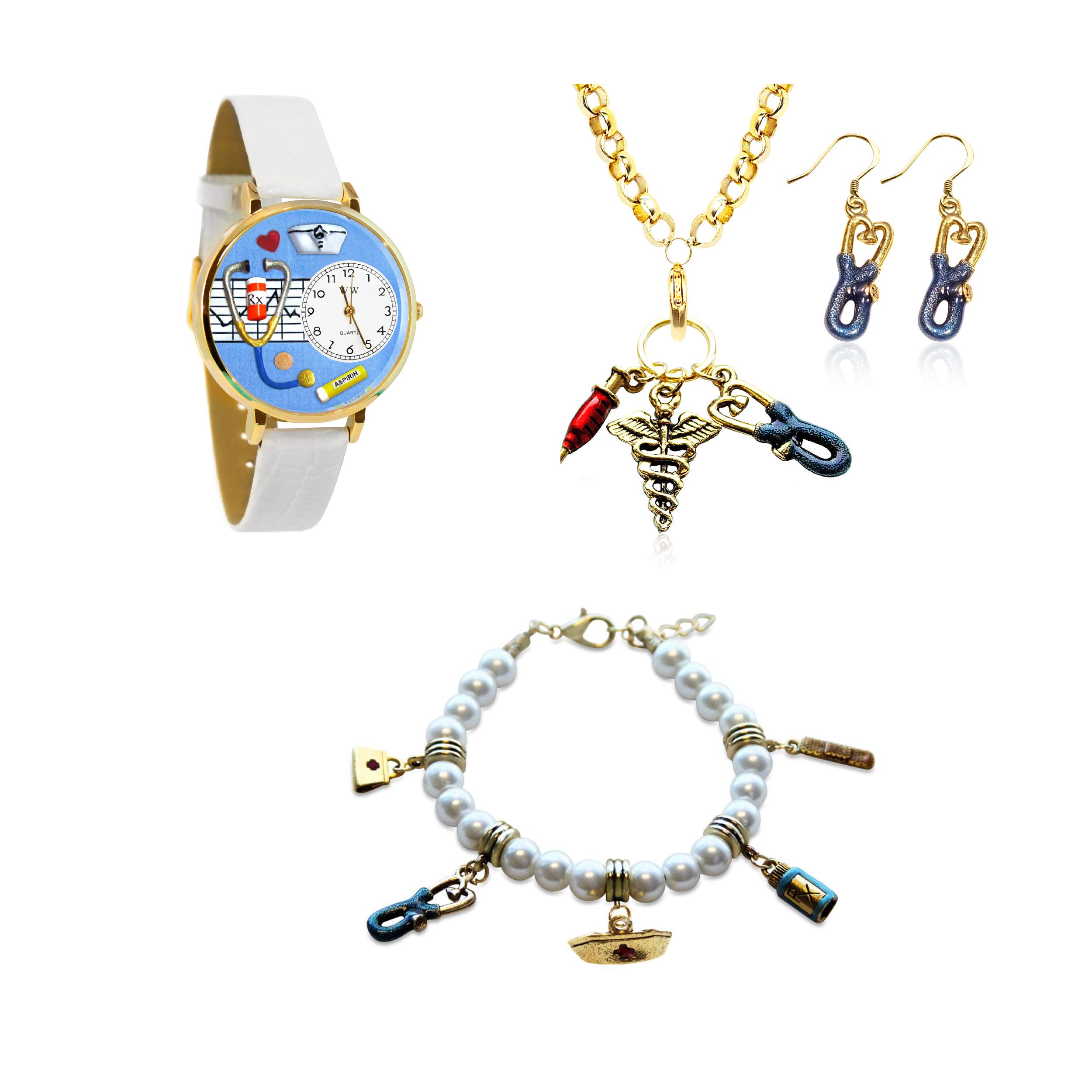 Whimsical Nurse Watch & Jewelry Set (4-Piece, Gold) - Perfect Gift for Nurses, Medical Professionals & Healthcare Workers - Great for Graduation, Appreciation Gifts & Everyday Wear