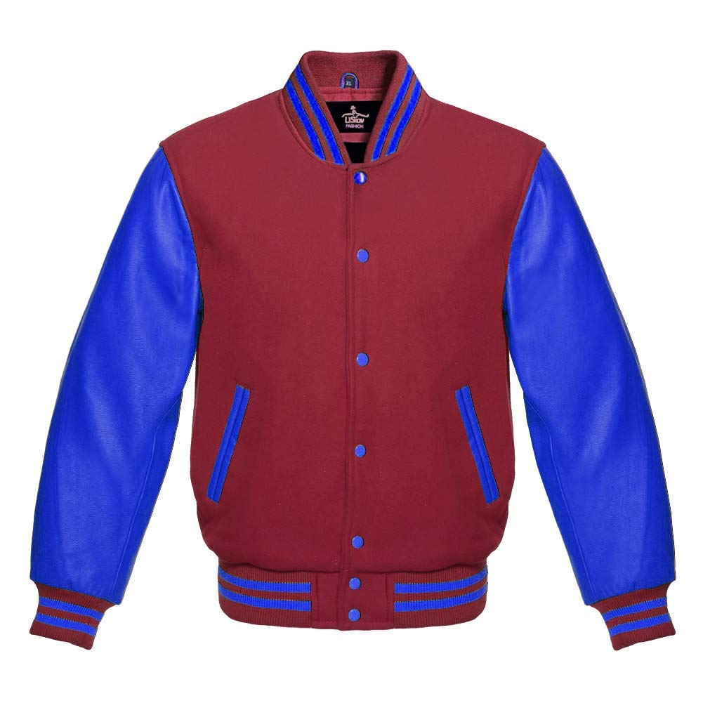 Premium Varsity Jacket for Men & Women - Baseball Letterman Bomber with Wool Body & Genuine Leather Sleeves - Royal Blue School Style Jacket for College, High School, Casual Wear and Sports Events