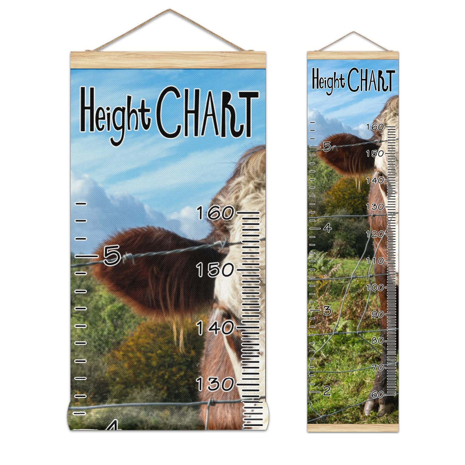Wooden Kids Growth Chart Ruler - 13.4x56 Inch Wall Mounted Height Measure with Linen Finish, Brown Cow & White Head Design - Perfect for Nursery, Bedroom Decor & Tracking Child's Development