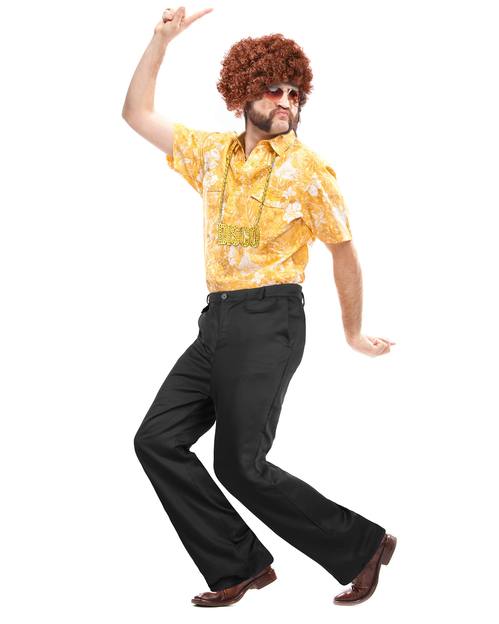 Geyoga 70s Disco Costume for Men - Retro Bell Bottom Pants with Wig, Sunglasses & Necklace Set - Perfect for Halloween Parties, Themed Events and 70s Dance Costumes