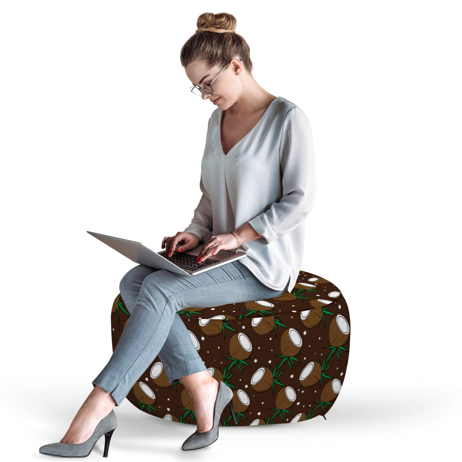 Ambesonne Chocolate Brown Pouf Cover with Zipper - Tropical Coconut & Dot Pattern Decorative Pillow Case 30x17.3 Inch - Soft Fabric Unstuffed Ottoman Slipcover for Living Room, Bedroom, or Patio Decor