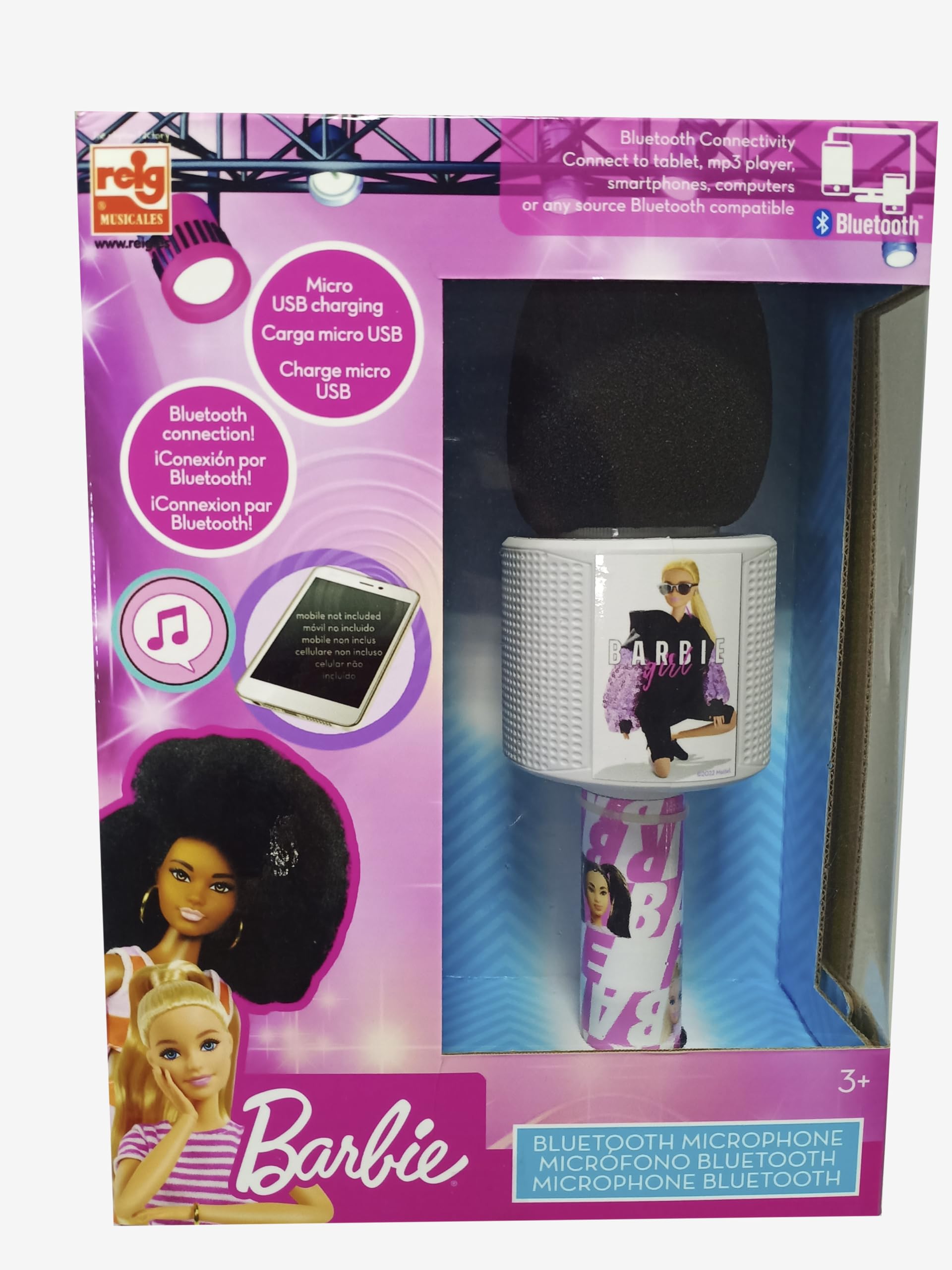 Wireless Bluetooth Microphone for Kids - Pink Barbie Style Karaoke Mic with LED Lights, Perfect for Singing, Parties & Gifts (REIG 4419) | Great for Home Karaoke, Birthday Parties & Family Fun