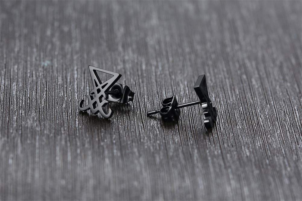 Lucifer Sigil Stud Earrings - Stainless Steel Satanic Symbol Ear Plugs for Men & Women (Black, 2-Piece) | Gothic Jewelry for Alternative Fashion & Occult Accessories