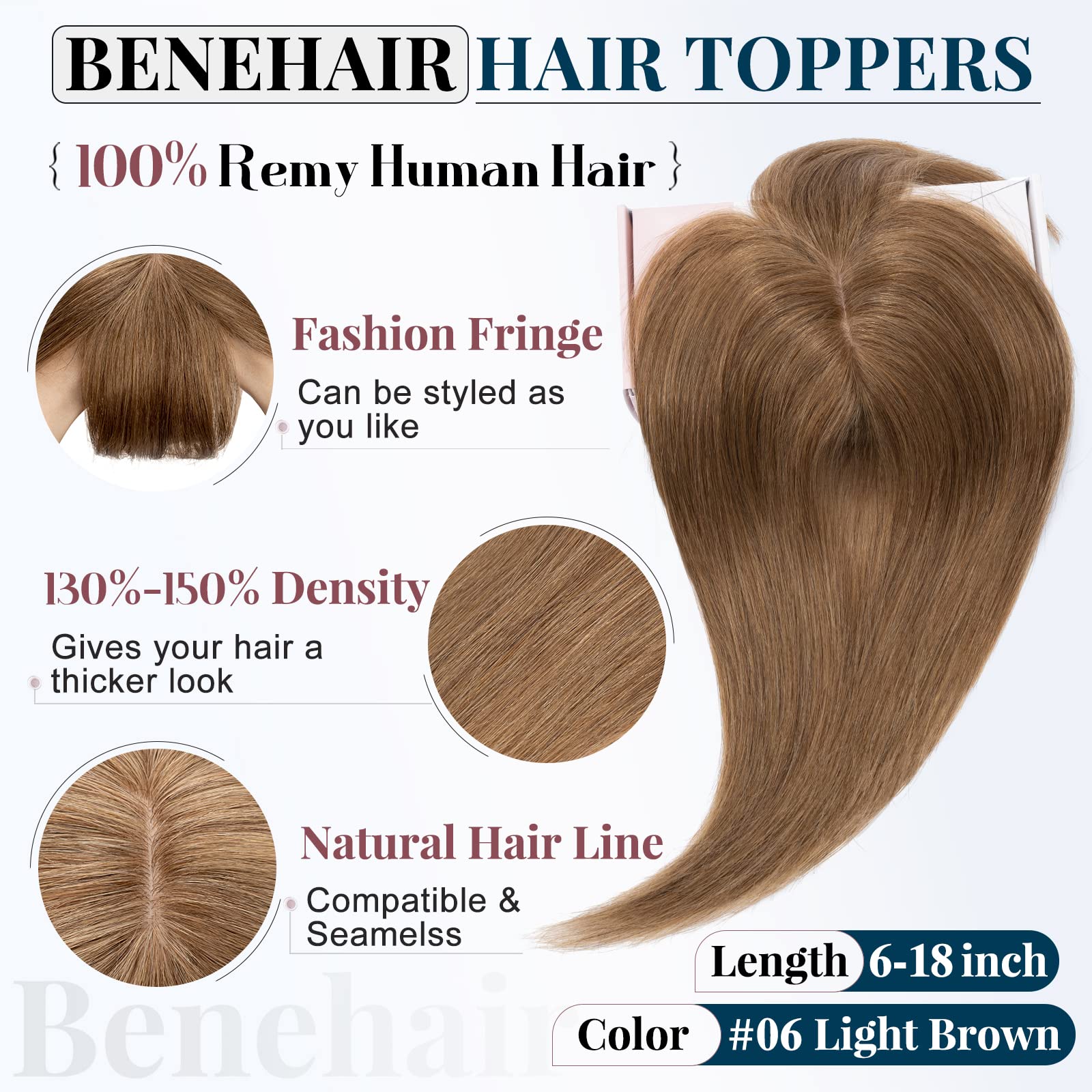 Benehair Clip-in Human Hair Topper with Thin Bangs - Handmade Silk Base, Straight & Soft Hair Extensions for Women with Hair Loss or Thinning - Light Brown #6, 14 Inch - Perfect for Daily Wear, Special Occasions & Styling