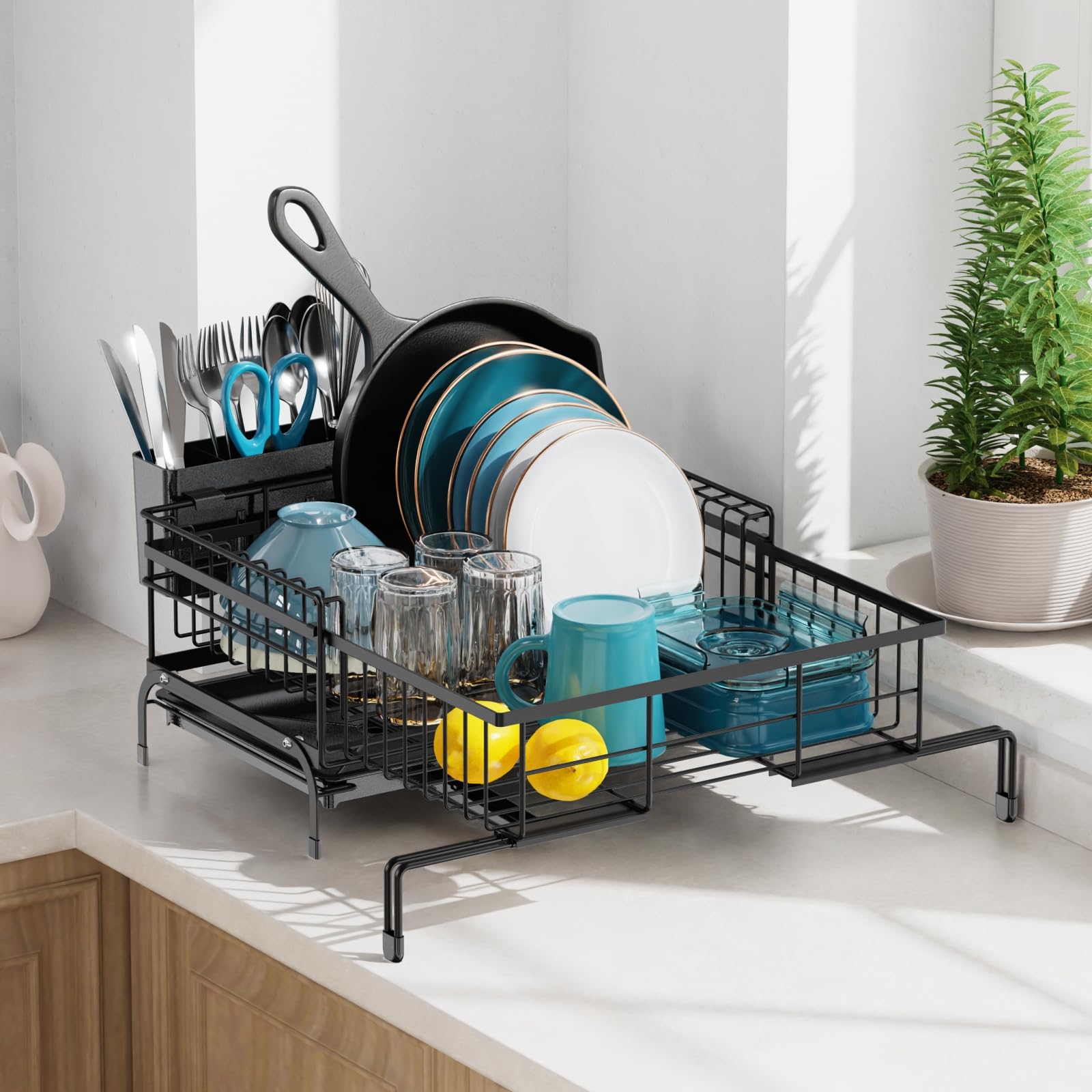 GSlife Expandable Dish Drying Rack with Drainboard - 2-in-1 Rustproof Kitchen Sink Organizer for Countertop & RV | Space-Saving Dish Drainer with Pan Slot & Utensil Holder | Perfect for Small Apartments, Camping & Dorm Rooms