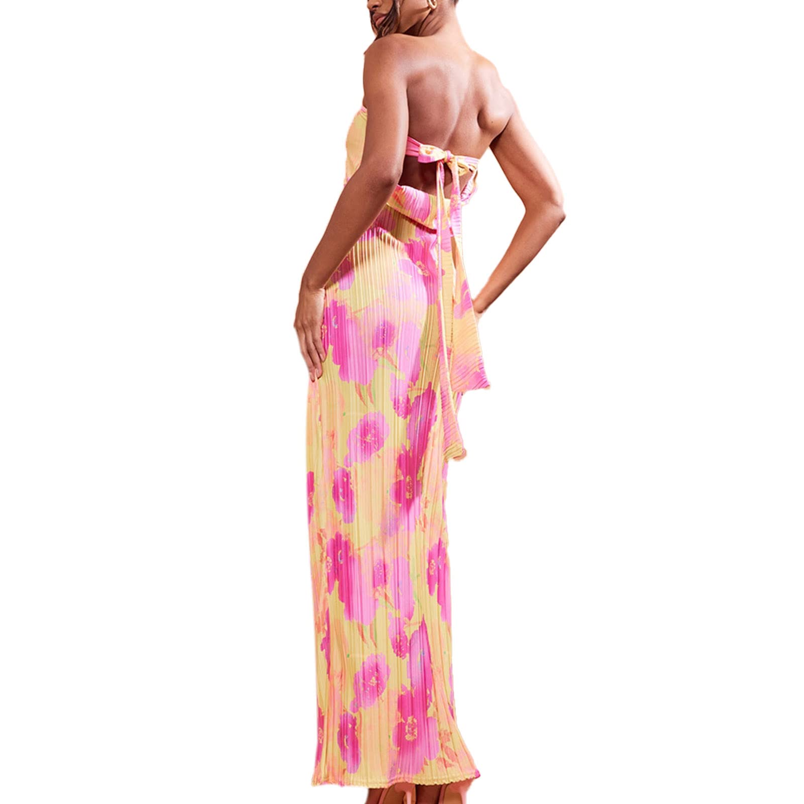 Chloefairy Women's Sexy Pleated Bandeau Maxi Tube Dress - Strapless Backless Slim Fit Floral Summer Bodycon Long Dress for Beach Party, Vacation & Night Out