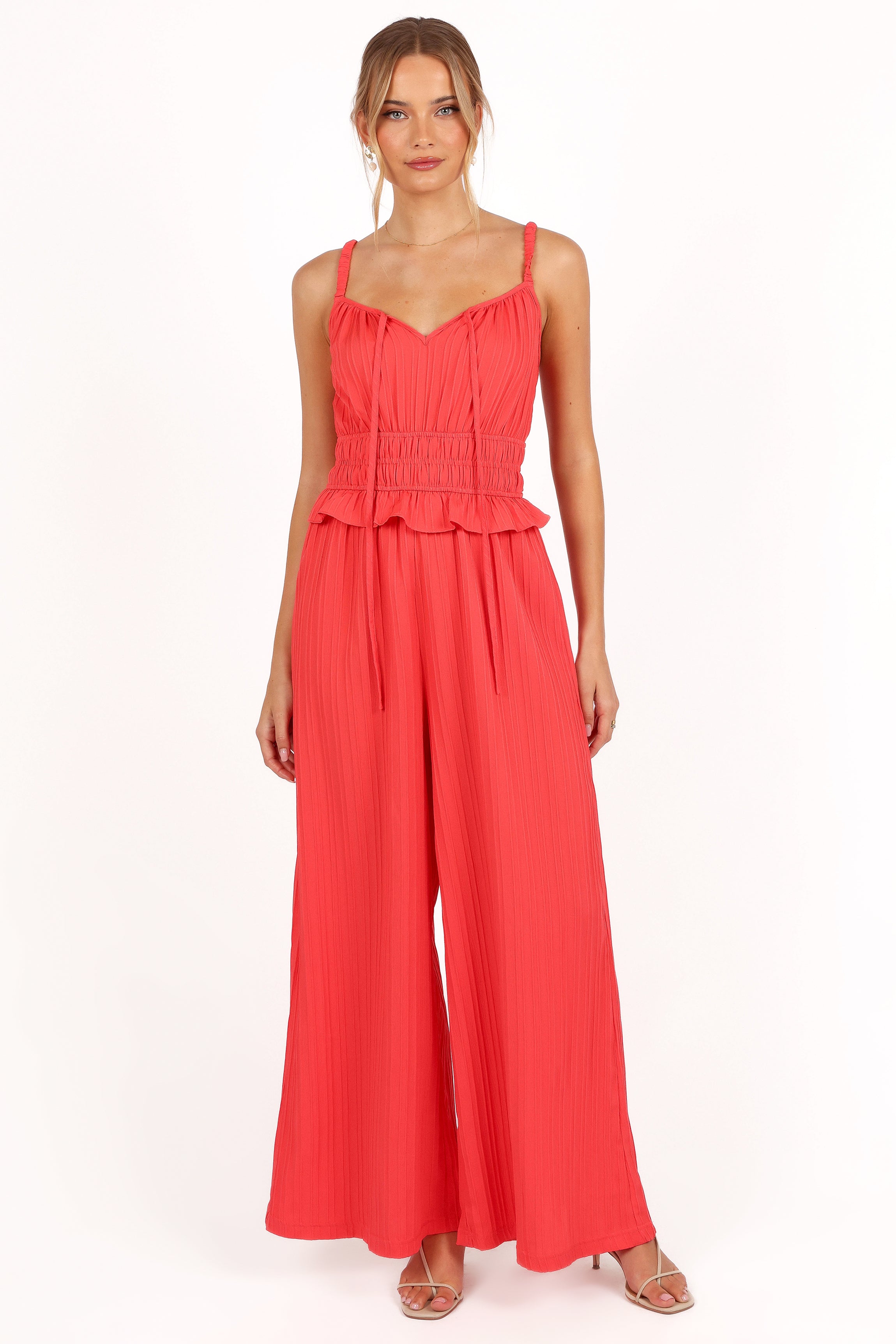 Camry Women's Coral Red Jumpsuit - Stylish One-Piece Romper for Casual Outings, Parties & Summer Wear