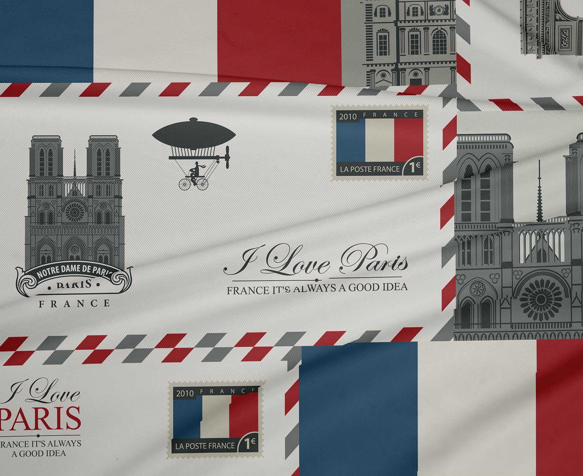 oneOone Polyester Spandex Teal Blue Paris Postcard Print Fabric by The Yard - 56 Inch Wide Dress Material for DIY Fashion & Home Decor Projects
