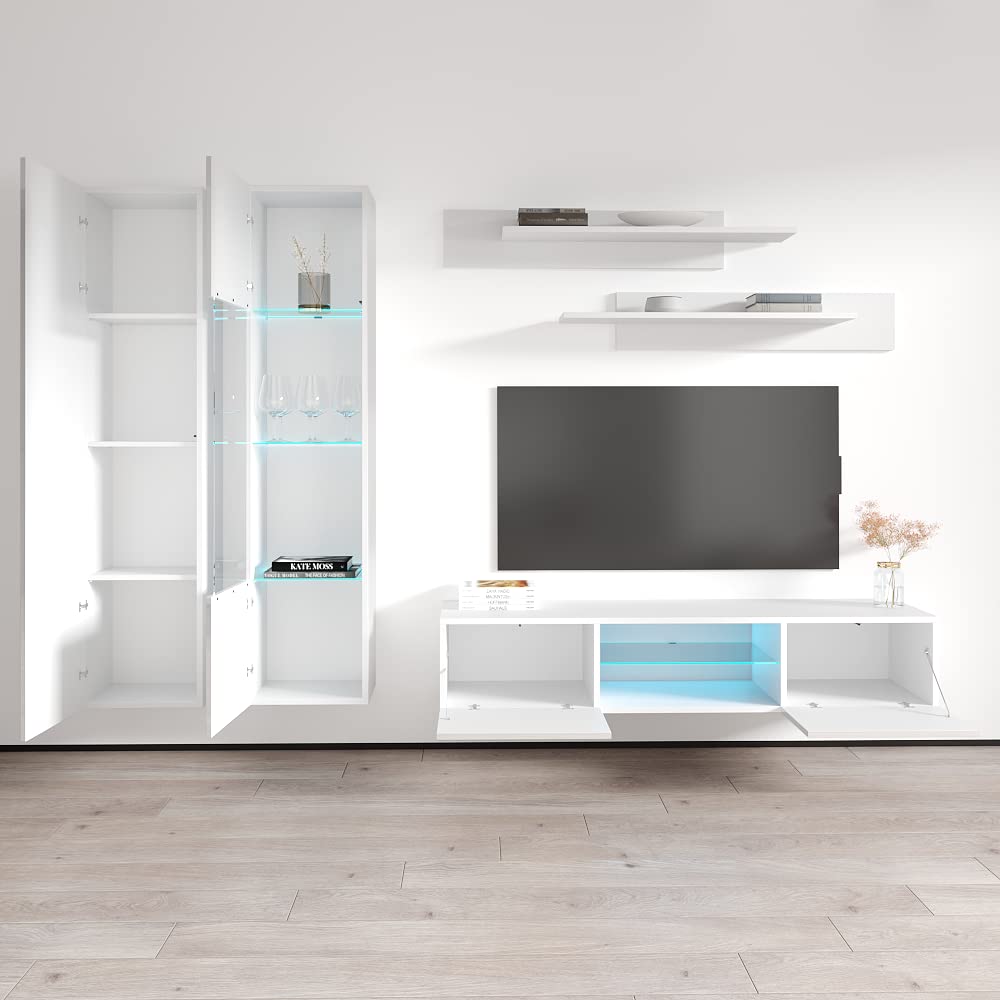 Modern White Wall-Mounted TV Stand with Storage Shelves & LED Lights - Floating Entertainment Center Console for Bedroom & Living Room - Perfect for Small Spaces & Home Theater Setup - Meble Furniture Fly A5 33TV Stand