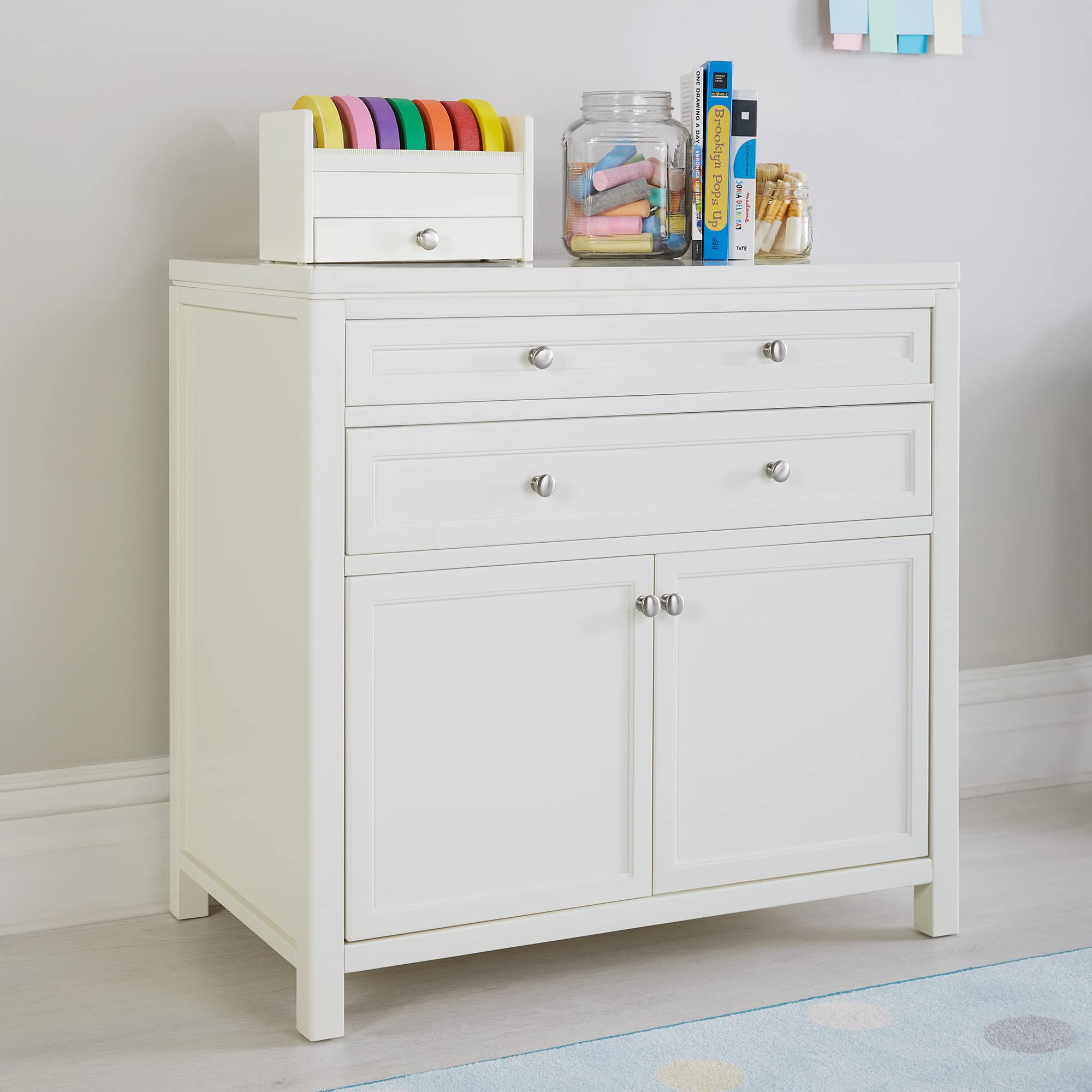 Martha Stewart Kids Art Supply Storage Cabinet - Creamy White Wooden Organizer with Drawers for Craft Paper, Markers, Scissors | Perfect for Homeschool, Classroom & Playroom Organization