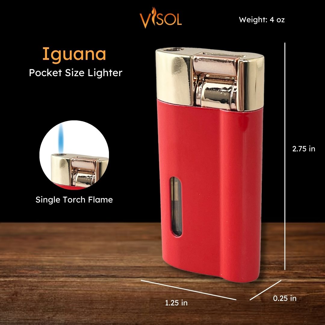 Visol Iguana Single Torch Flame Lighter - Windproof Butane Lighter for Cigars, Candles & Outdoor Use (Red & Gold)