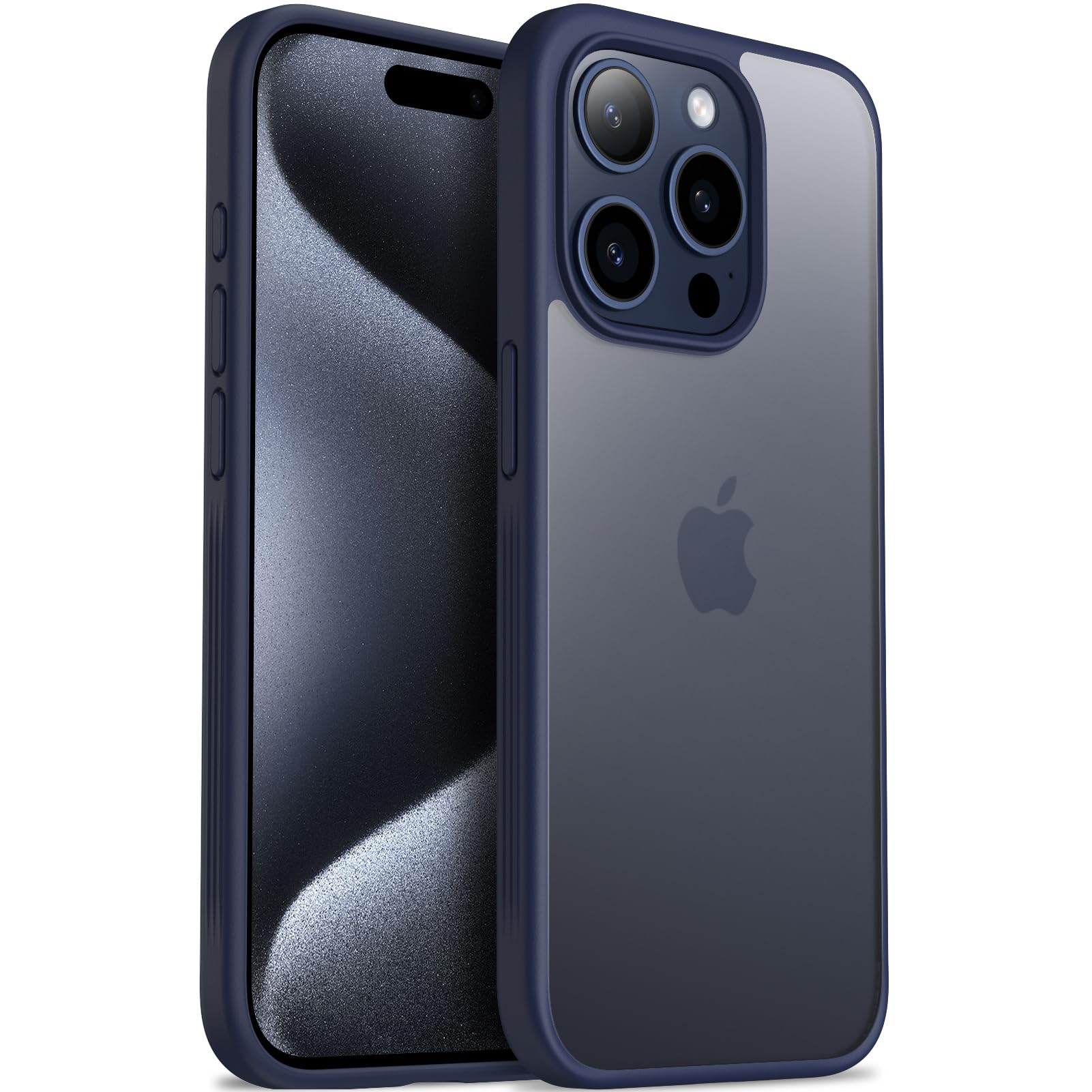 ORNARTO Matte Shockproof iPhone 15 Pro Case with Translucent Back - Full Body Protection Navy Blue Cover for Everyday Use & Outdoor Activities