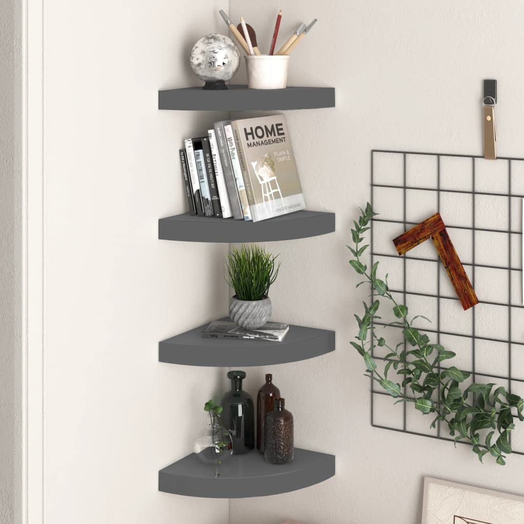 Modern Floating Corner Shelves Set of 4 - High Gloss Gray MDF Wall Mounted Storage (9.8