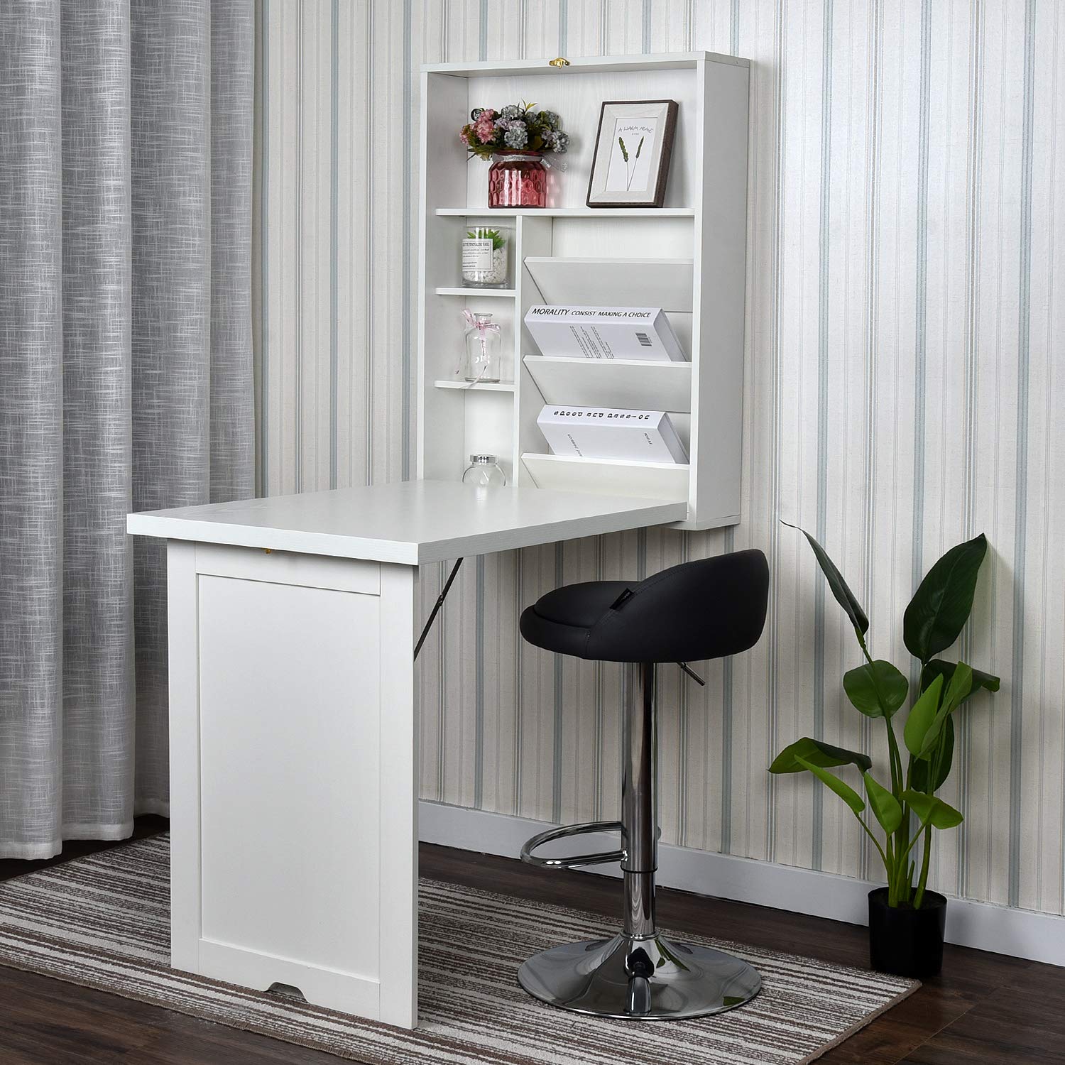 YUSING Wall Mounted Folding Desk - Convertible Floating Table for Home Office, Computer Workstation, Writing & Study with Large Storage Shelf | Space-Saving Wall-Mounted Design for Small Apartments & Bedrooms