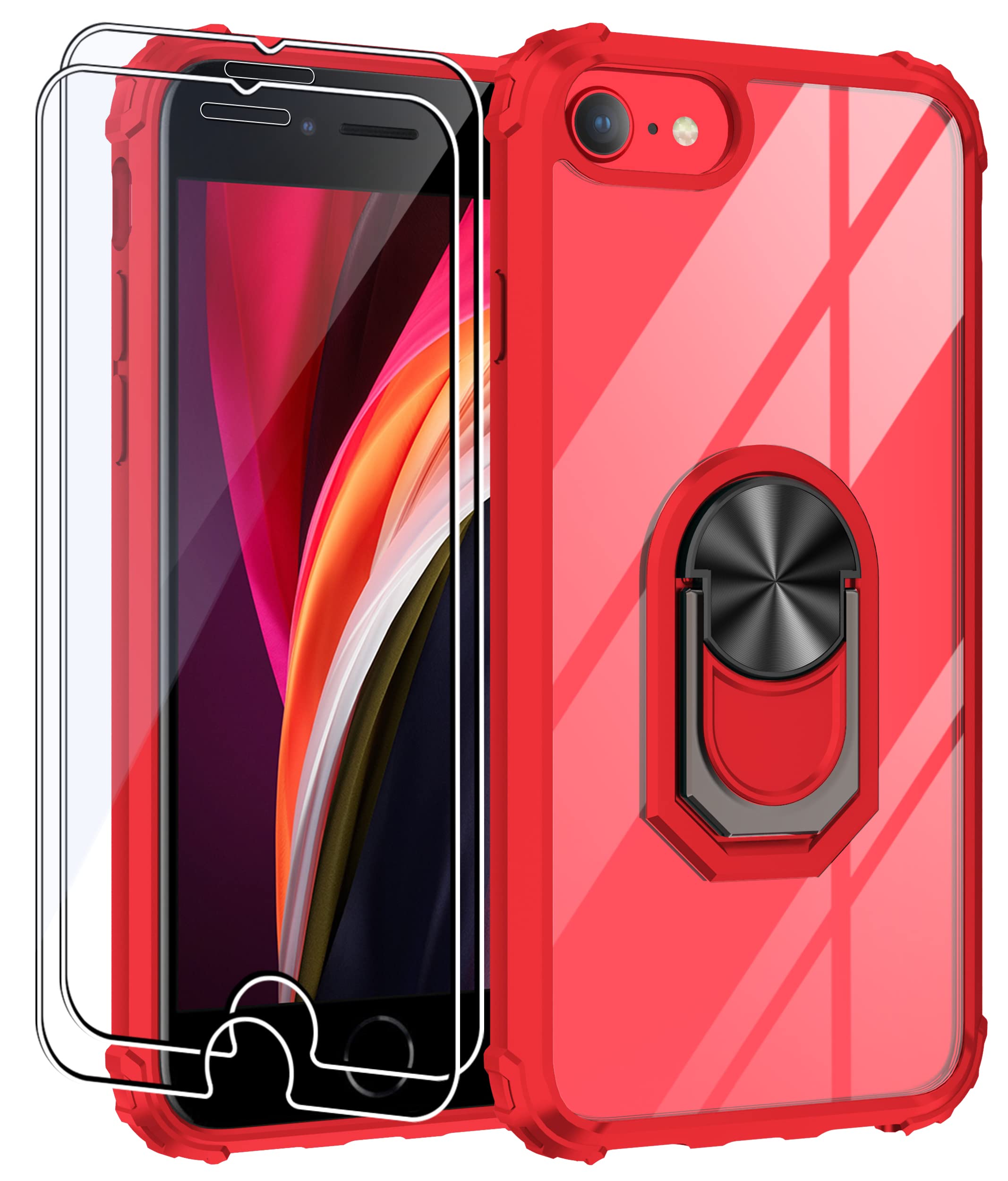 SunStory Magnetic Ring Kickstand Case for iPhone SE 2022/2020 & iPhone 7/8 - 2 Pack with Tempered Glass Screen Protector, Clear Red - Perfect for Work, Travel, and Everyday Protection