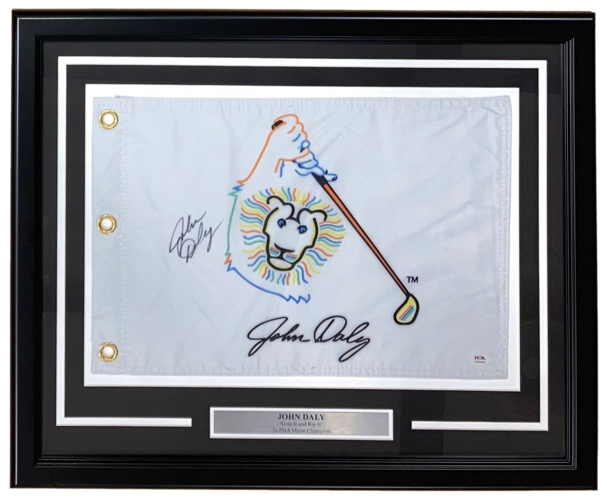 John Daly Autographed Framed Golf Flag with Logo - PSA/DNA Certified Collectible - Perfect for Golf Memorabilia Displays & Man Cave Decor