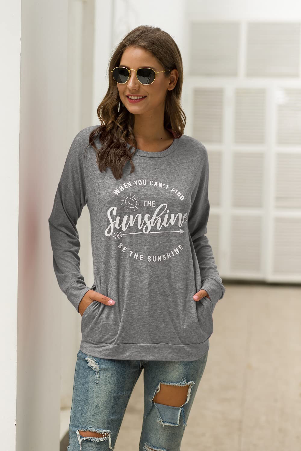 Muicy Women's Sunshine Shirt - Casual Long Sleeve Tunic Top with Pockets | Trendy Loose Fit Sweatshirt for Women | Perfect for Work, Weekend Outings & Layering in Fall/Winter