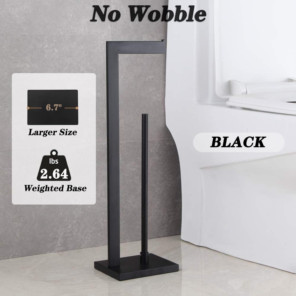 Premium GERZWY SUS 304 Stainless Steel Free Standing Toilet Paper Holder - Matte Black Bathroom Tissue Stand with Reserve Storage | Durable Lavatory Pedestal for Home, Office & Guest Bathroom Decor