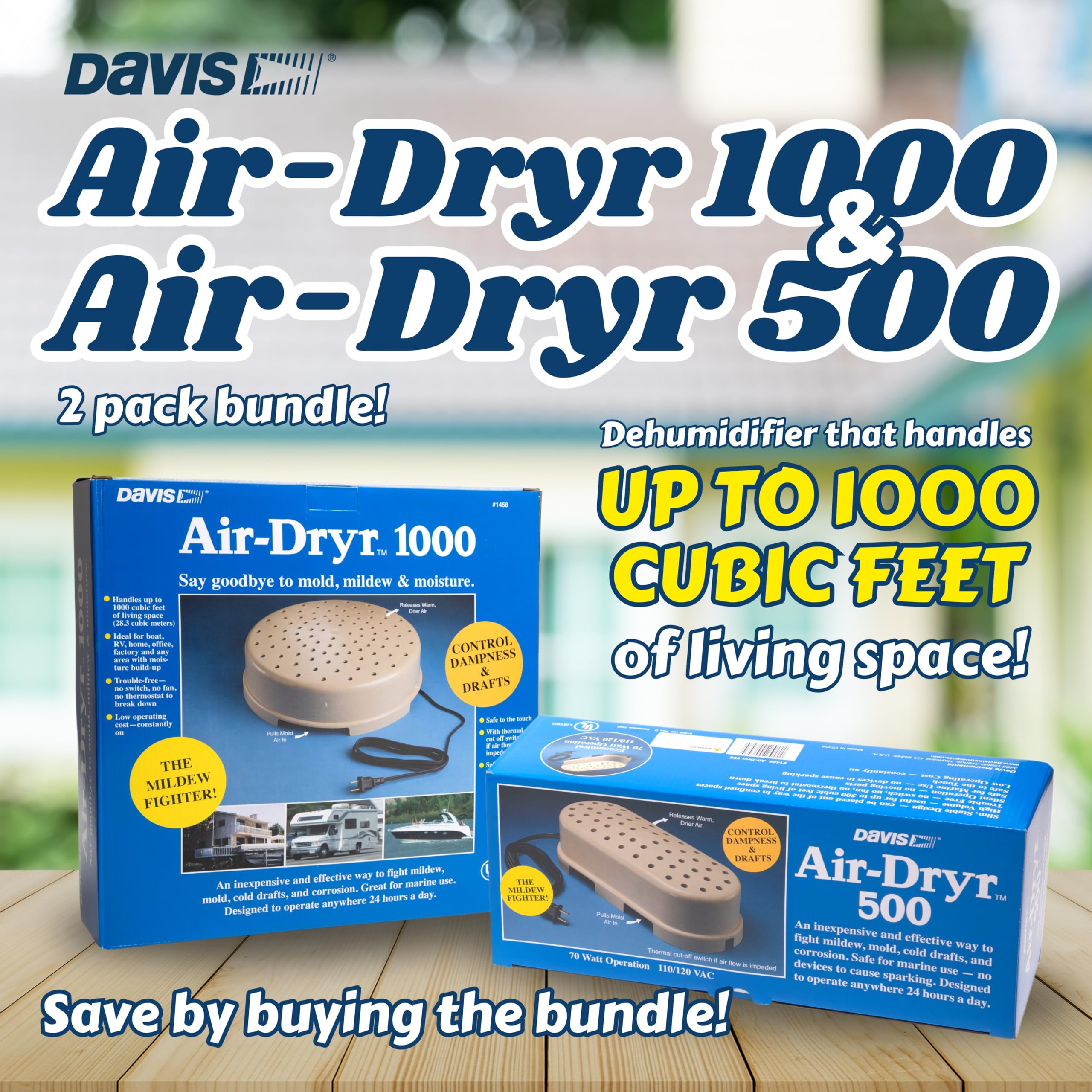 Davis Air-Dryr 500 & 1000 2-Pack Bundle - Ultra Quiet Dehumidifier for Moisture Control - Portable Air Dryer for RV, Camper, Bathroom, Bedroom, Closet - Perfect for Small Spaces, Travel & Home Use