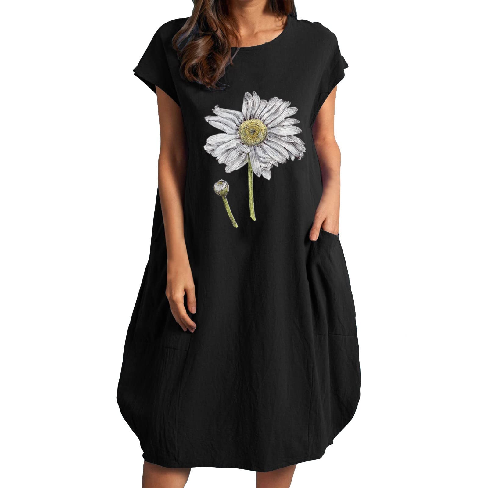 Women's Vintage Sunflower Printed Loose Short Sleeve Dress - Cut Out V Neck Retro Casual Summer Dress for Beach, Picnic & Date Night