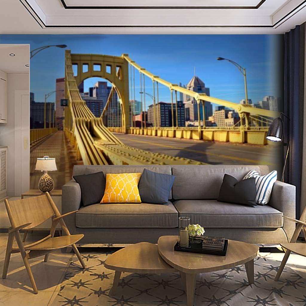 Roberto Clemente Bridge Pittsburgh Skyline Wall Mural - Self-Adhesive Removable Peel & Stick Wallpaper for Living Room, Bedroom, Office Decor | Easy DIY Home Decoration & Wall Art Sticker
