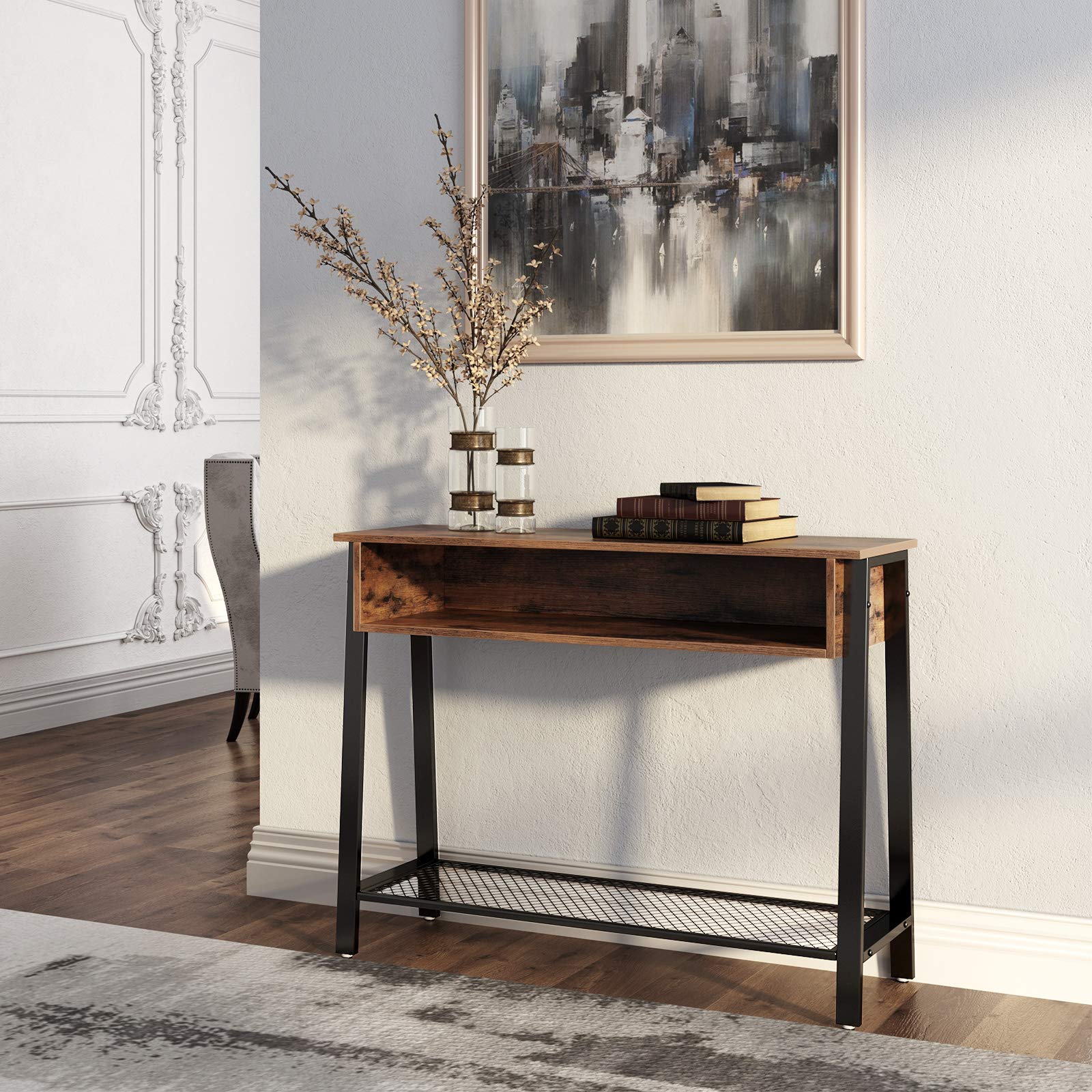 VASAGLE Industrial Sofa Table - 40 Inch Console Table with Mesh Shelf & Storage Rack, Entryway Table for Living Room, Office, Hallway - Sturdy Metal Frame - Perfect for Small Spaces, Behind Sofa or as Entry Table
