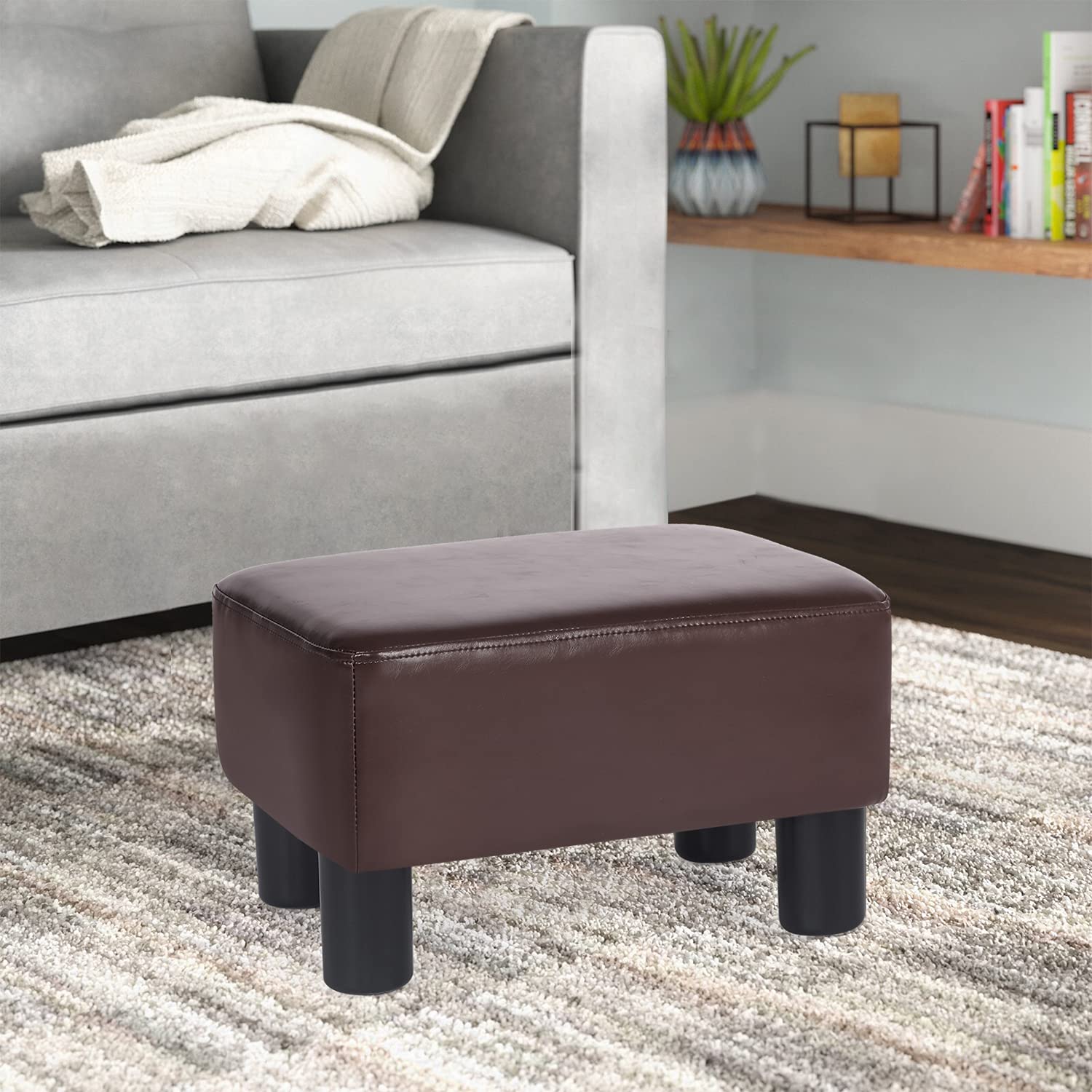 Joveco Small Footstool Ottoman Footrest - Modern Rectangular Padded Seat with Brown PU Leather for Living Room, Bedroom - Perfect for Relaxing, Reading & Extra Seating