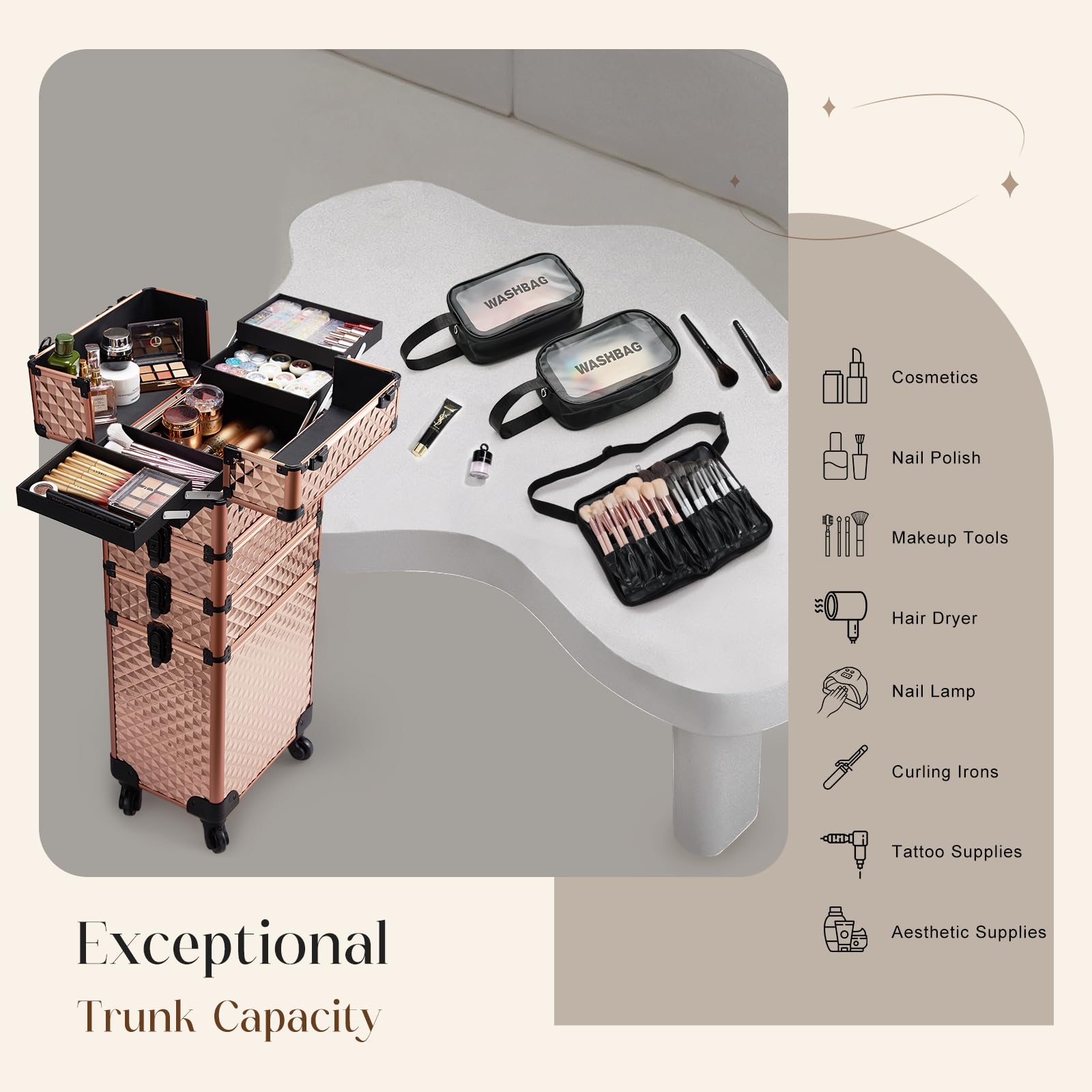 Professional Rolling Makeup Train Case - Large Capacity Cosmetic Organizer with 4-in-1 Storage, Swivel Wheels & Detachable Brush Waist Bag - Perfect for Salon Professionals, Mobile Makeup Artists & Traveling Cosmetologists - Ideal for Makeup Storage, Beauty School, Bridal Services & On-the-Go Stylists