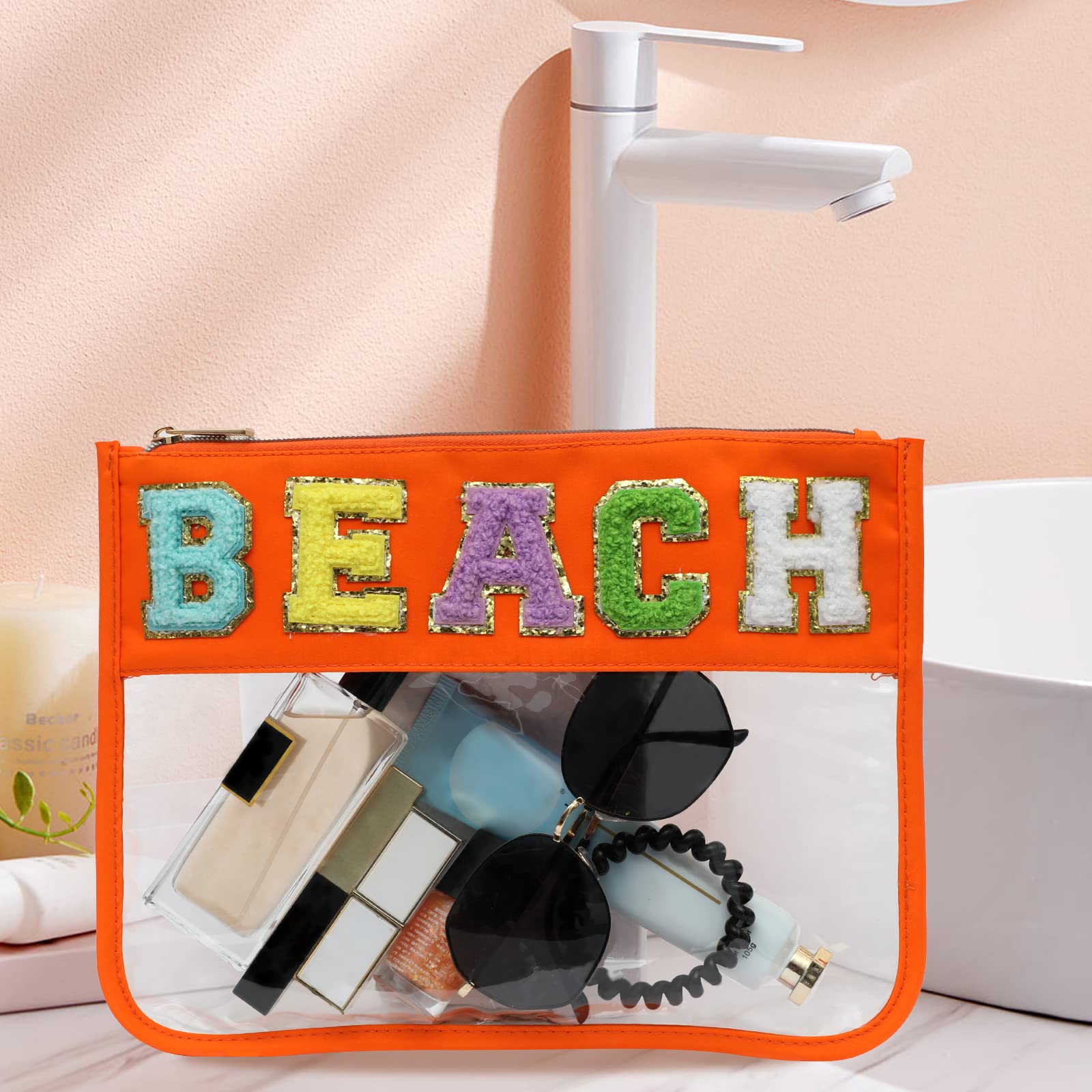 BCRMPT Chenille Letter Clear Flat Pouch - Multi-Purpose PVC & Nylon Cosmetic Bag with Zipper for Women | Waterproof Travel Makeup Organizer | Perfect for Gym, Beach, School & Daily Essentials (Tangerine-Beach)