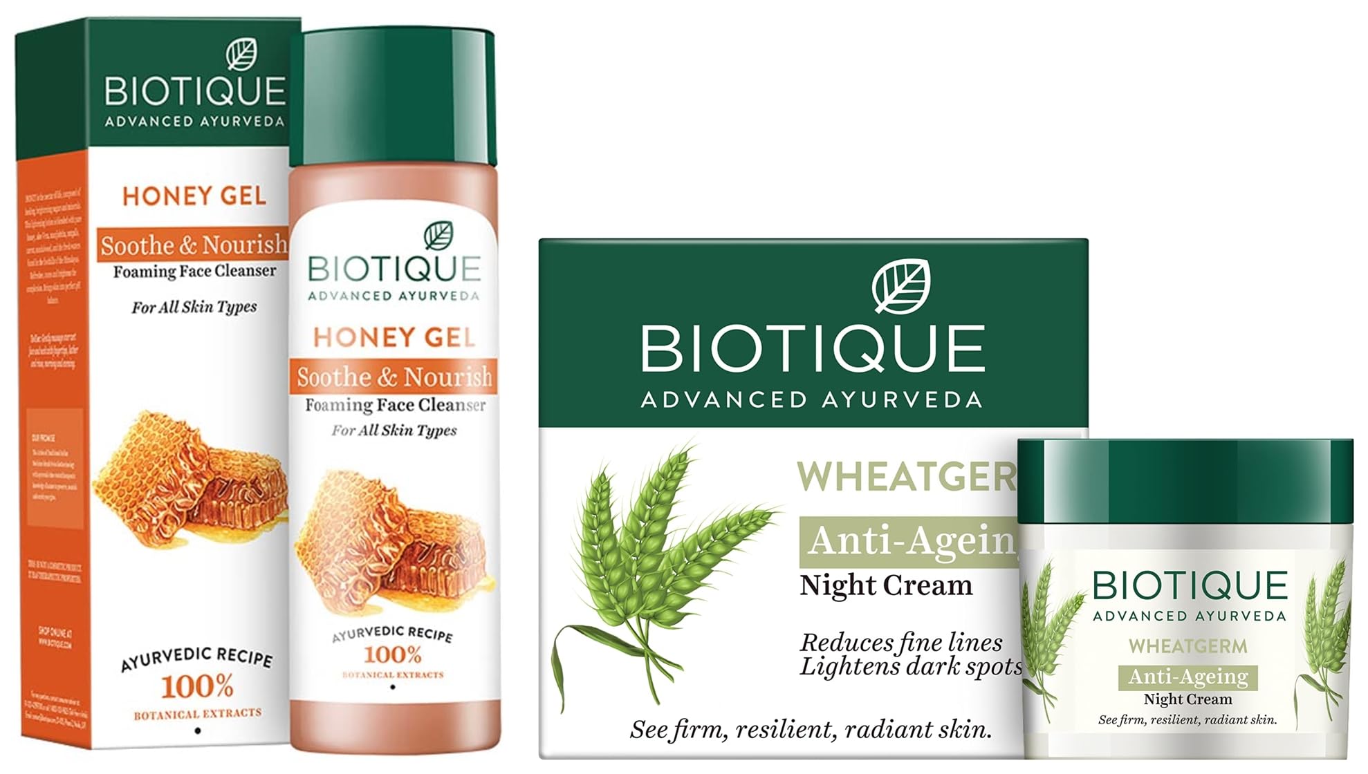 Biotique Bio Wheat Germ Firming Face & Body Night Cream for Normal to Dry Skin, 50g | Biotique Bio Honey Gel Refreshing Foaming Face Cleanser, 120ml | Hydrating Night Care & Gentle Cleansing for Radiant Skin