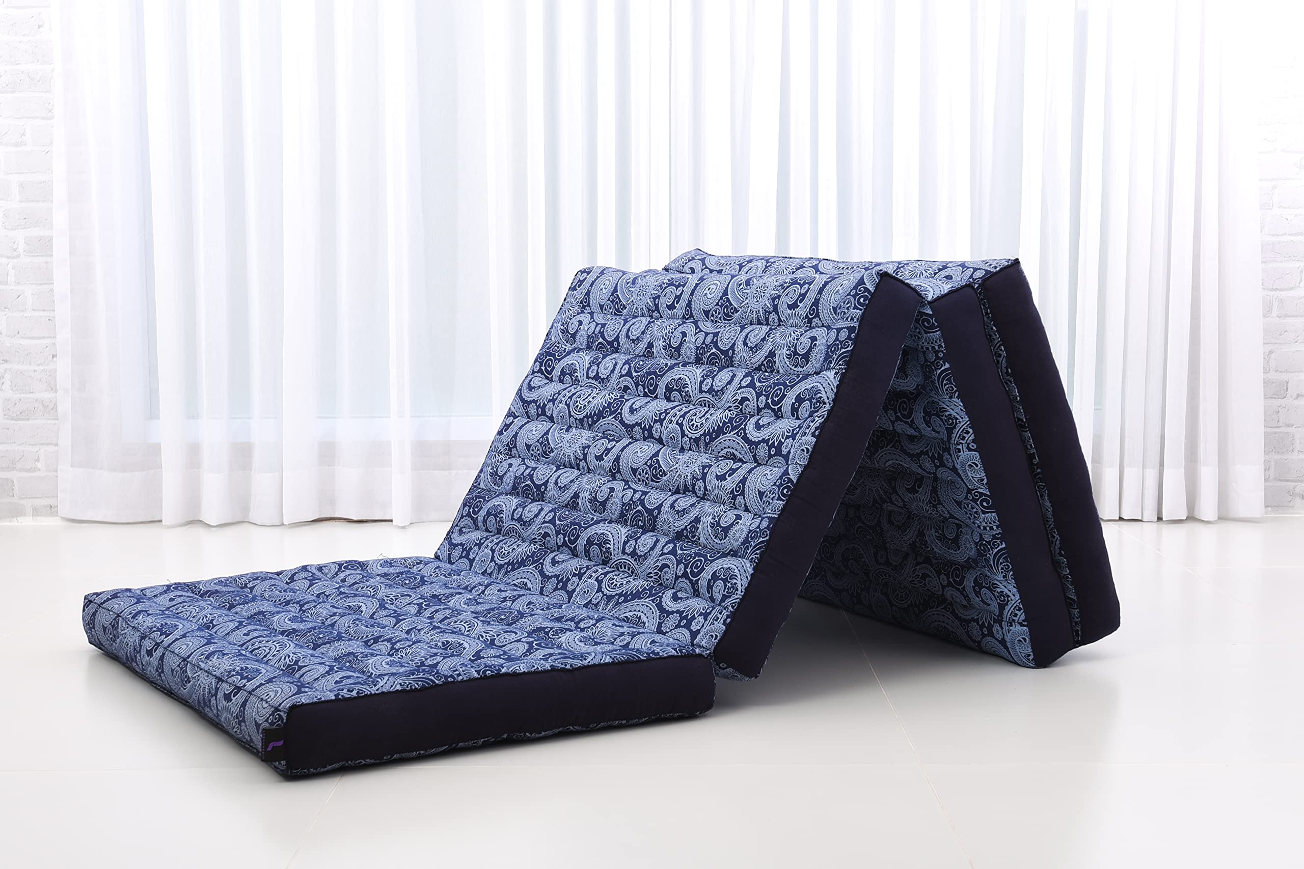 Leewadee Trifold Mattress Standard - Comfortable Thai Massage Pad, Foldable Floor Mattress with Kapok Filling, 79 x 28 Inches Sleeping Mat for Home, Yoga, Meditation & Guest Bed (Blue & White)