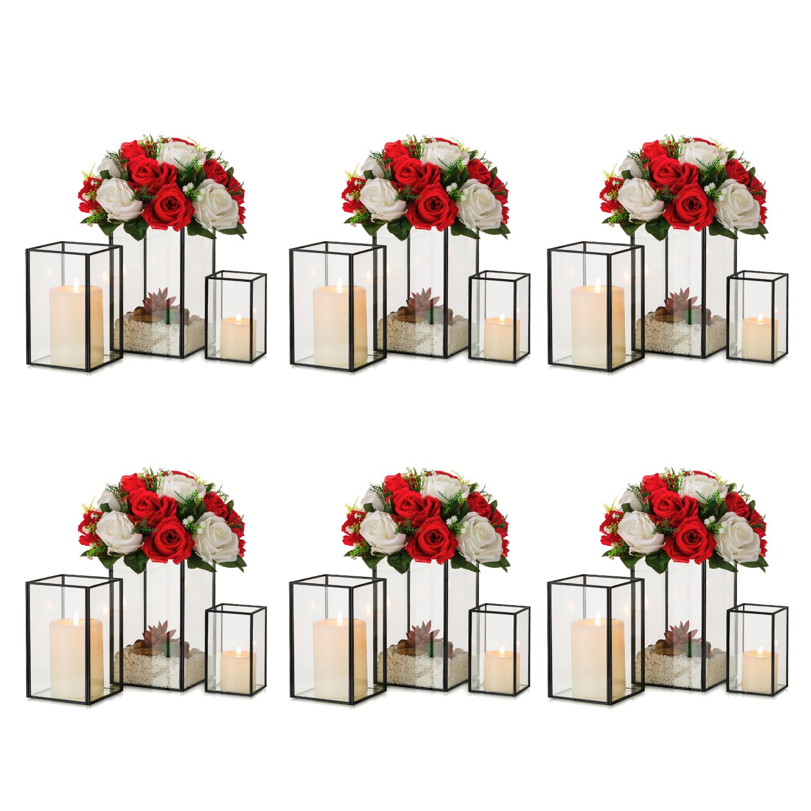Hewory 18-Piece Black Rectangle Glass Hurricane Candle Holders - Large Square Pillar Candle Lantern for Wedding, Anniversary, Party, Fireplace & Dining Room Decor - Elegant Table Centerpiece & Floor Decor for Home & Events