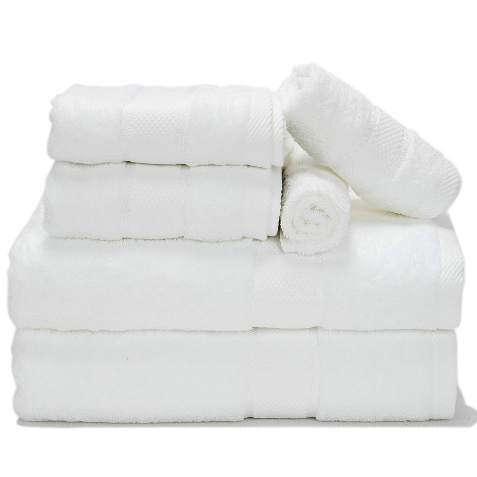 Premium 100% Cotton Bath Towel Set - 6 Piece Luxury Hotel Quality (2 Bath Towels, 2 Hand Towels, 2 Washcloths) - 600GSM Ultra Soft & Highly Absorbent - No Shedding - White - Perfect for Spa, Bathroom & Guest Use