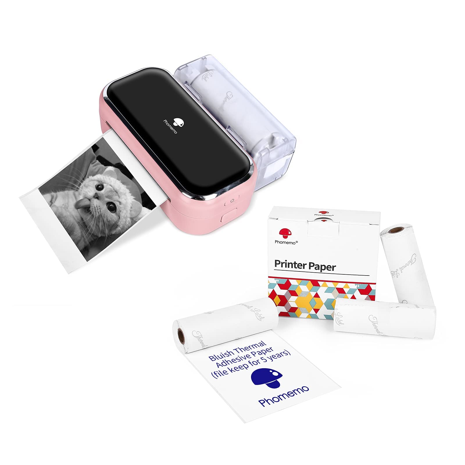 Phomemo M03 Bluetooth Thermal Pocket Printer - Portable Mobile Printer with 3 Rolls White Adhesive Thermal Paper (80mmx8m) | Perfect for DIY Journals, Study Notes, Work Labels & Home Organization