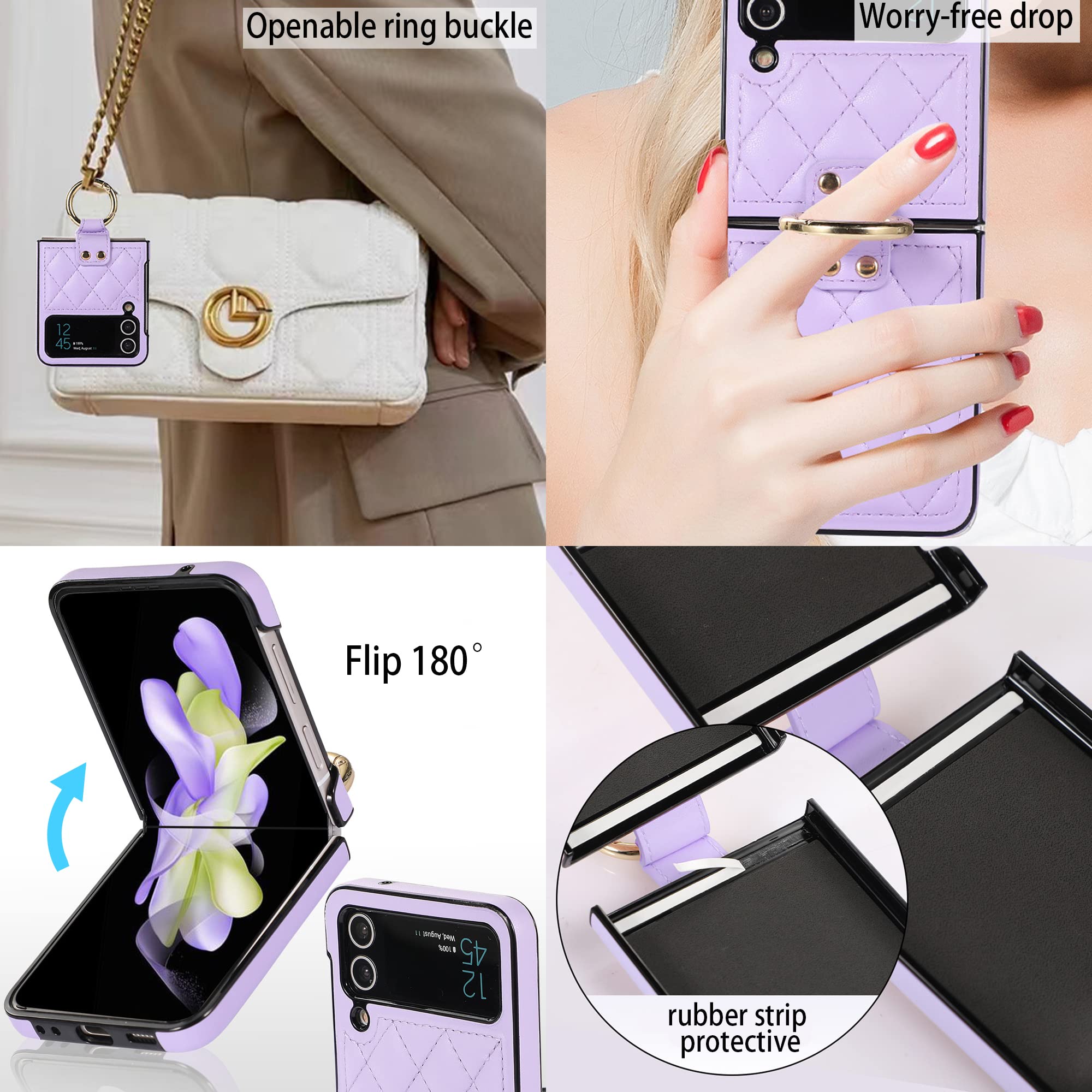 Shockproof Protective Case for Samsung Galaxy Z Flip 4 - Anti-Scratch Luxury PU Leather & Hard PC Shell Phone Cover with Ring Stand, Wireless Charging Compatible | Perfect for Daily Use, Travel & Work (Purple)