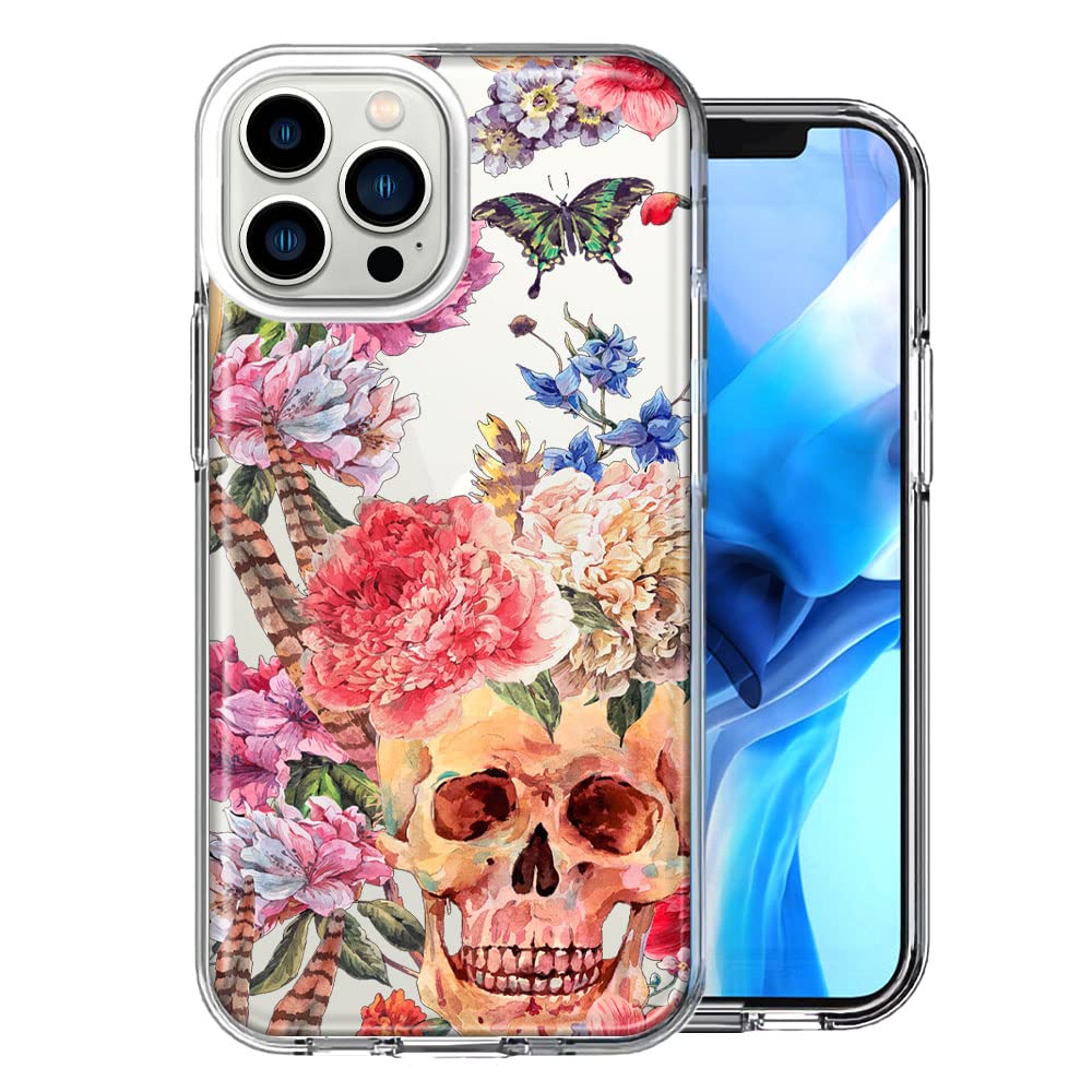 Mundaze Shockproof Hybrid Phone Case for Apple iPhone 13 Pro Max - Floral Butterfly & Skull Feather Design, Slim Hard Shell with Soft Protective Cover | Perfect for Outdoor Adventures, Travel & Daily Use