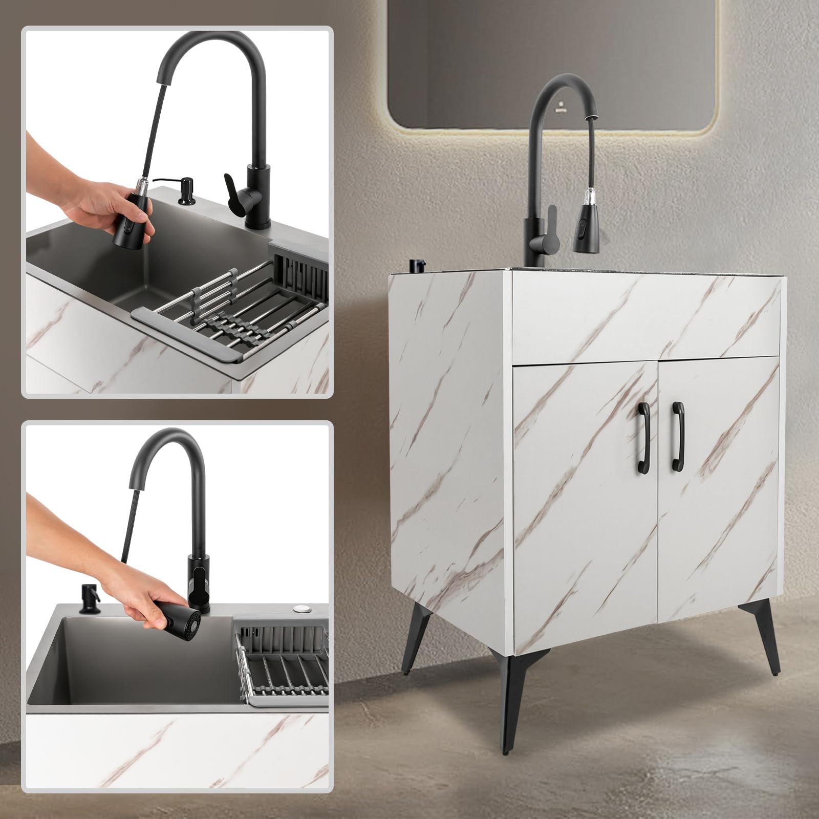 Freestanding Utility Sink with Cabinet - Heavy Duty White Laundry Tub for Kitchen, Basement & Laundry Room | Durable Stainless Steel Basin for Washing Clothes, Cleaning Tools & Household Chores