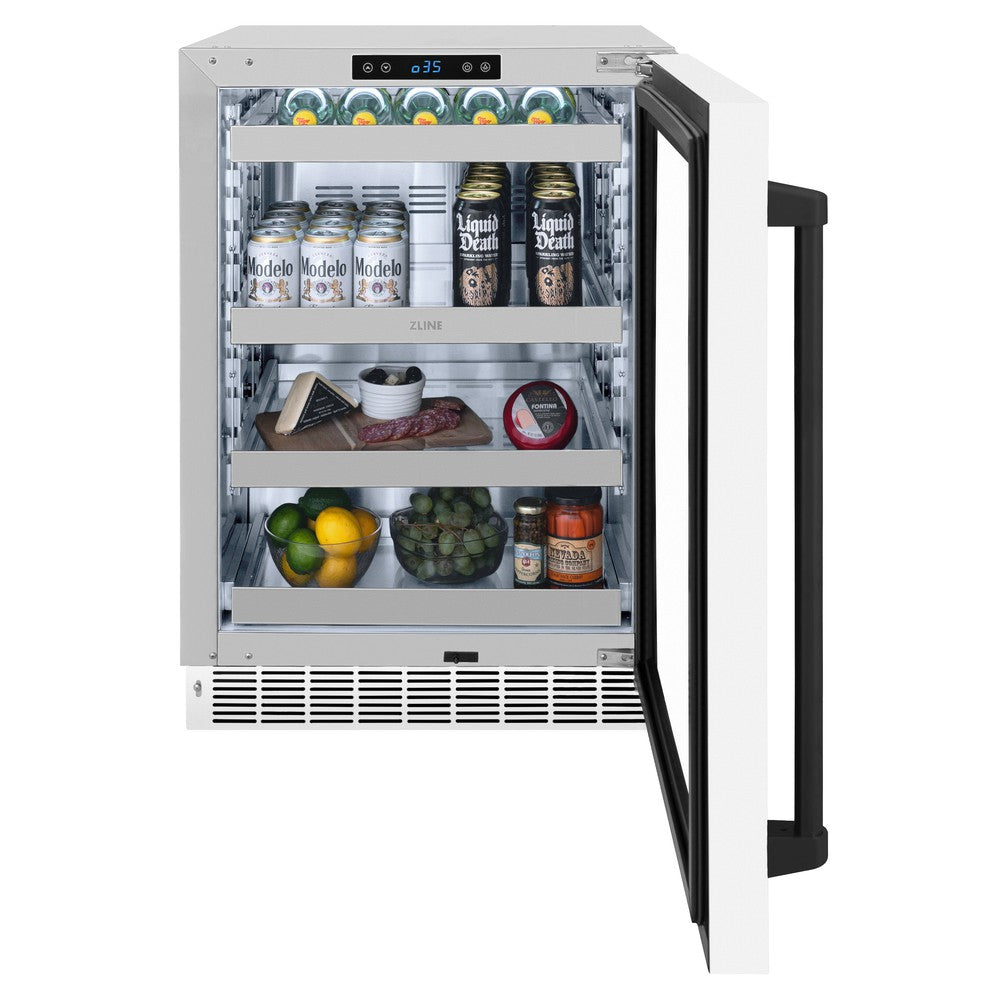 ZLINE Autograph Edition 24 Inch Touchstone 151 Can Beverage Refrigerator - White Matte Glass Door with Matte Black Handle - Compact Drink Cooler for Home Bar, Office, or Man Cave (RBSOZ WM 24 MB)