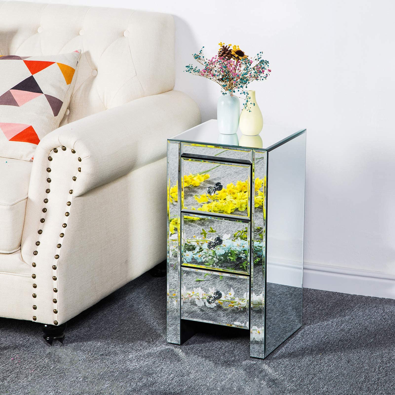 Mirrored Nightstand with 3 Drawers - Silver End Table with Crystal Handles for Bedroom & Living Room | Modern Accent Table for Bedside, Sofa Side, or Vanity Use