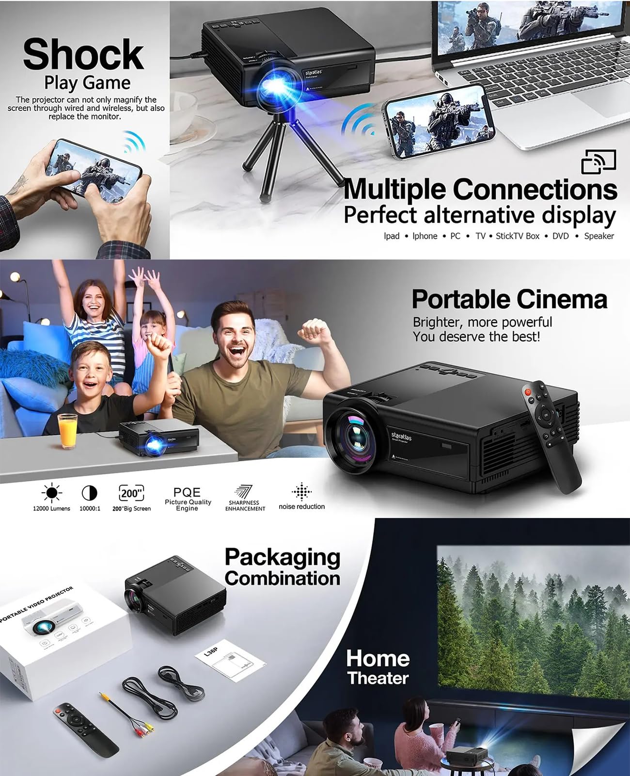 NQYZZFD Smart WiFi & Bluetooth 5G Projector - Native 4K Home Theater Movie Projector, Portable Outdoor Projector with USB/VGA/HDMI/Phone Compatibility - Perfect for Movie Nights, Gaming & Outdoor Entertainment (Black)