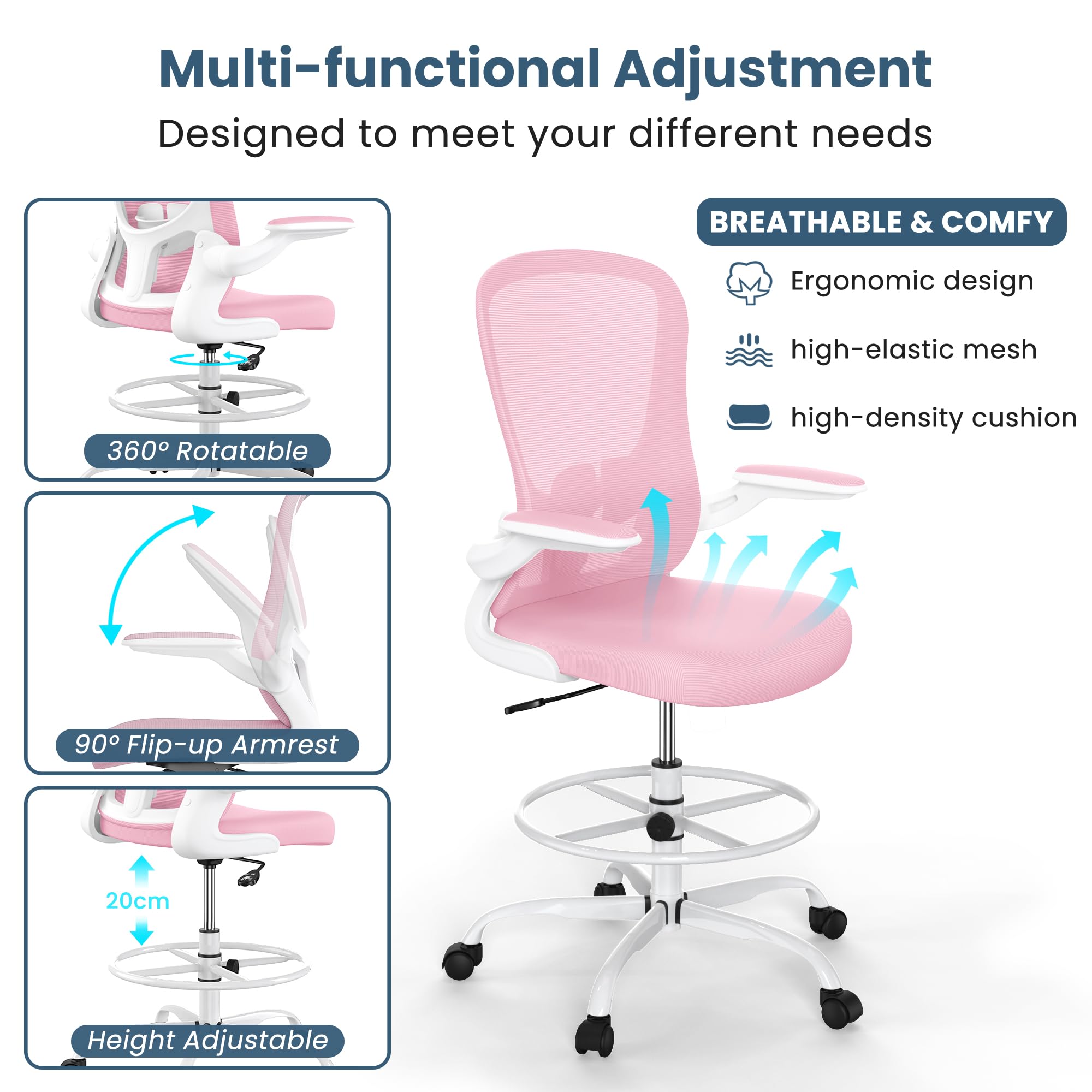 Ergonomic Drafting Chair with Flip-Up Armrests & Adjustable Footrest - Tall Office Chair for Standing Desks - Executive Computer Chair with Lumbar Support - Perfect for Architects, Designers & Home Office Workspaces