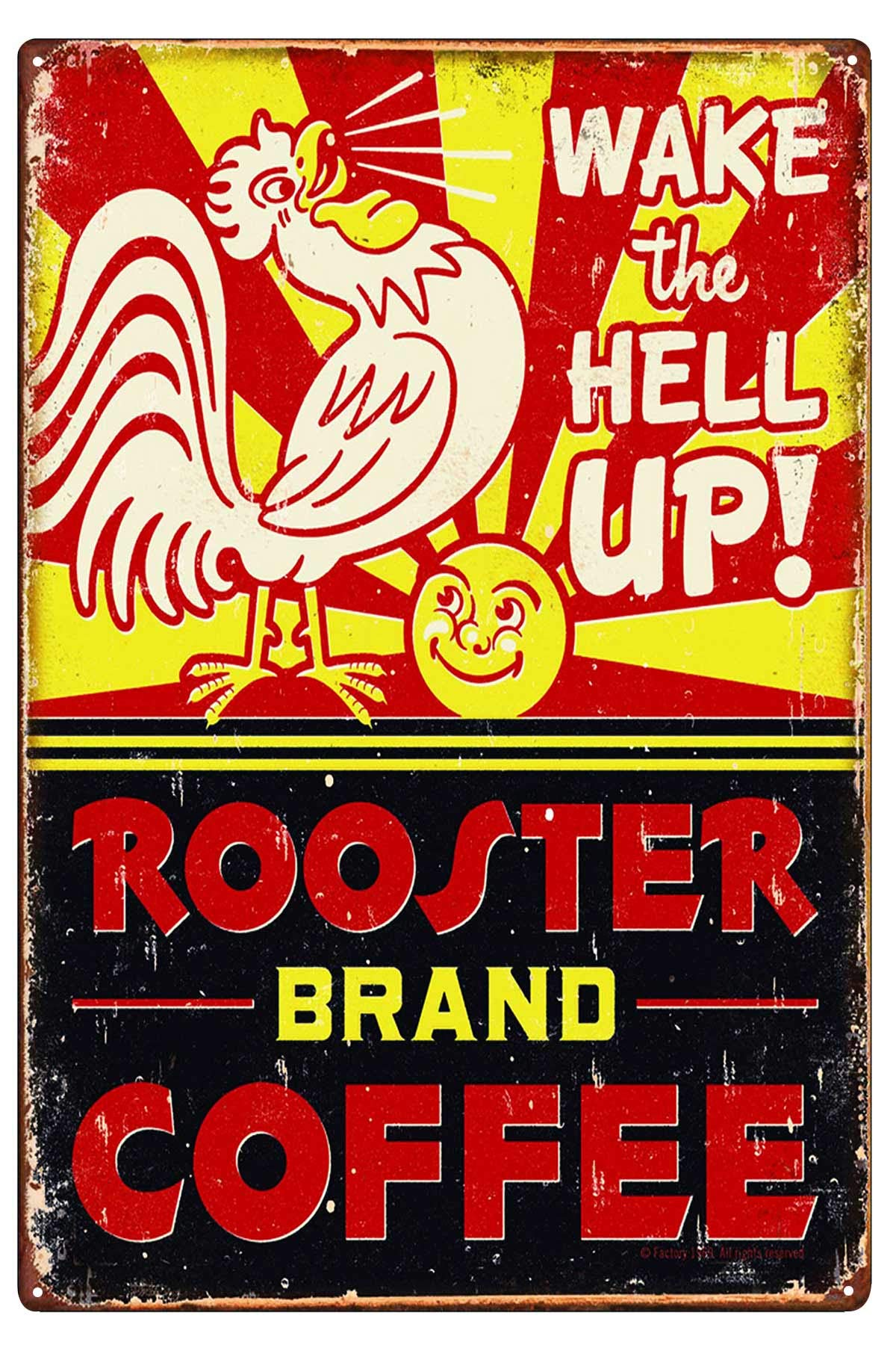 LIPTOR Wake the Hell Up Rooster Vintage Metal Tin Sign - 8x12 Inch Retro Country Wall Art for Kitchen, Cafe & Home Decor - Funny Chicken Coffee Themed Decor