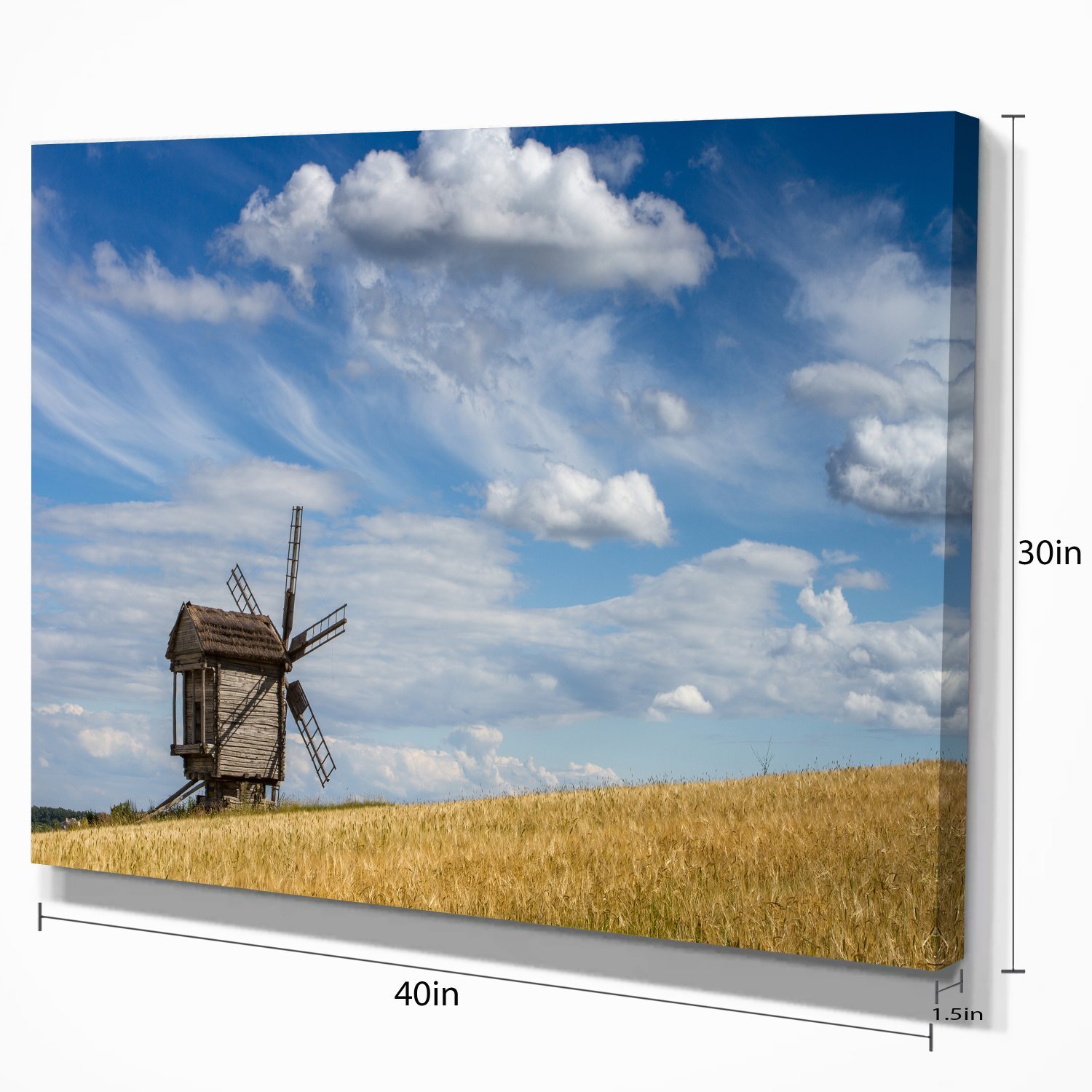 Cloudy Sky and Windmill Summer Landscape Canvas Art Print - Wall Decor for Living Room, Bedroom & Office