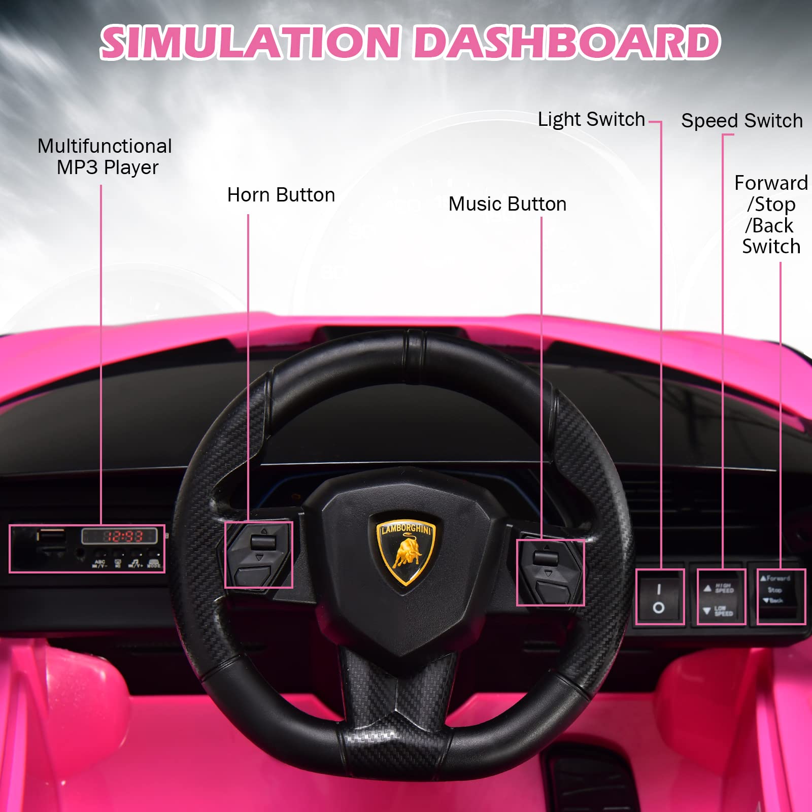 INFANS 12V Licensed Lamborghini Sian Kids Electric Ride-On Car with Parent Remote Control - Spring Suspension, MP3 Player & Carbon Fiber Texture - Pink Toddler Toy Roadster for Birthday Gifts & Outdoor Play