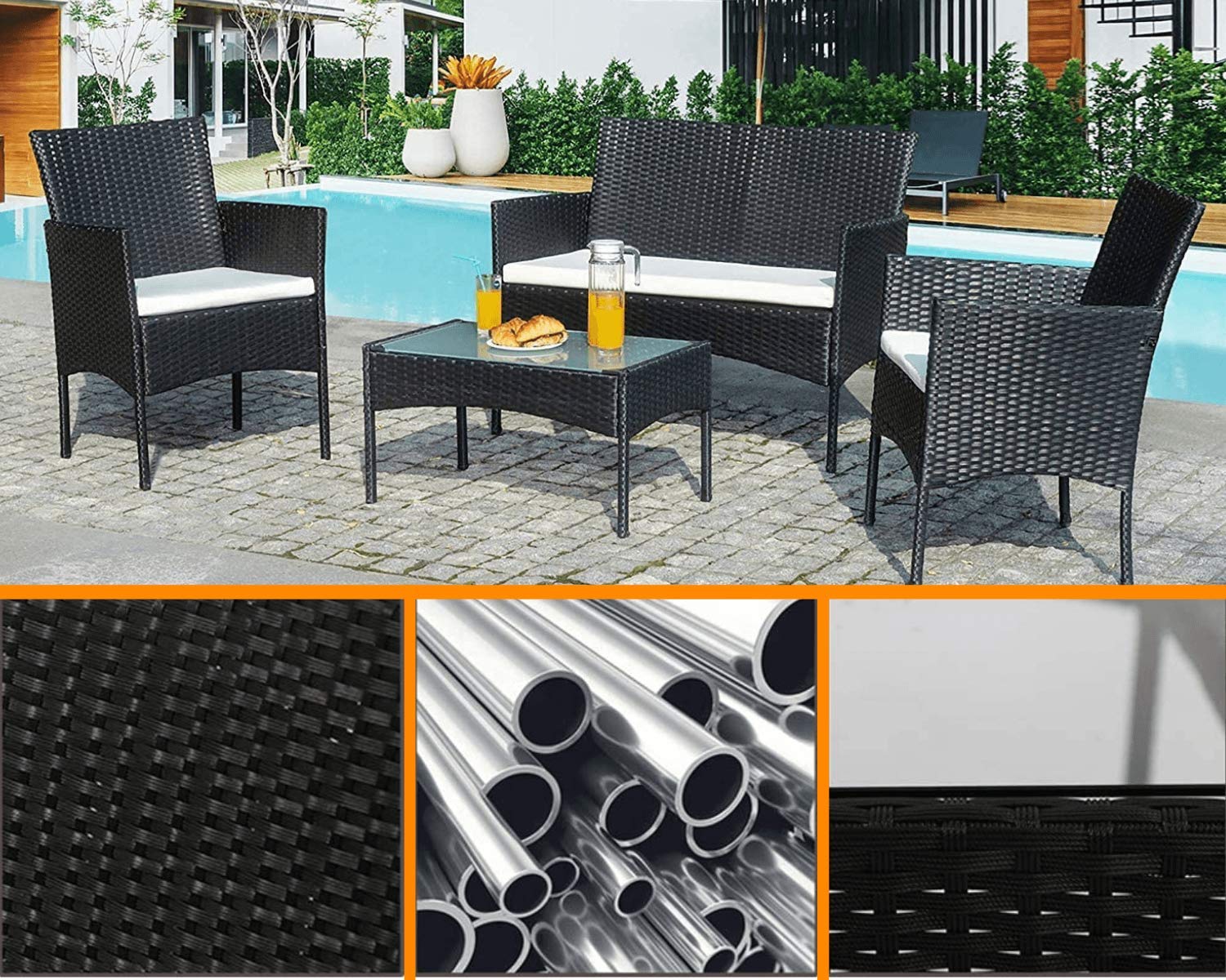 4-Piece Outdoor Patio Conversation Set with Cushions - Rattan Wicker Sofa & Tempered Glass Coffee Table - Perfect for Backyard, Garden, Balcony, Porch & Poolside Relaxation
