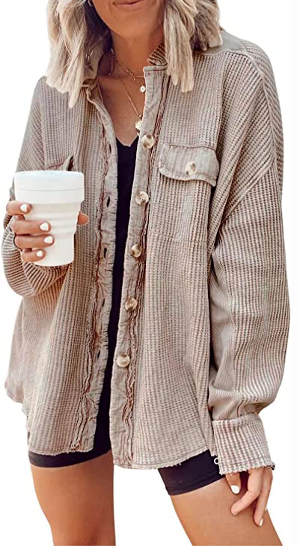 Loveimgs Women's Oversized Waffle Knit Shacket - Corduroy Long Sleeve Button Down Shirt Jacket for Fall & Winter | Casual Outfit, Layering Piece, Office Wear, Weekend Comfort