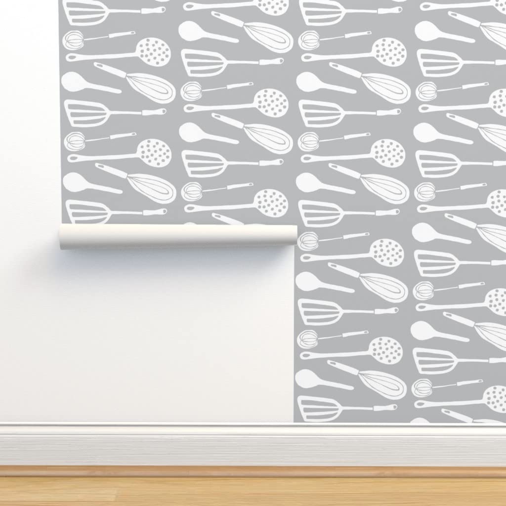 Peel & Stick Removable Wallpaper 12ft x 2ft - Vintage Spoon & Egg Kitchen Design in Driftwood Grey & White | Perfect for Kitchen Backsplash, Accent Walls & DIY Home Decor