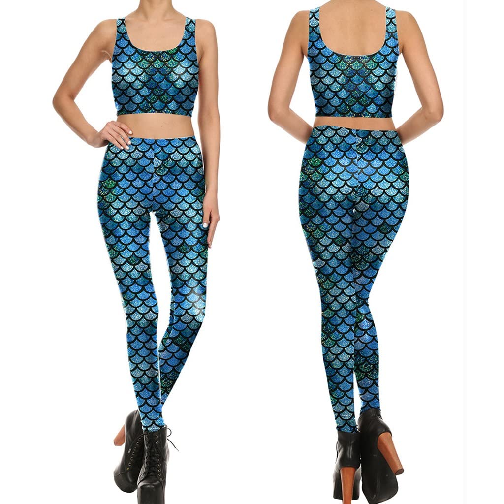 2 Pack Women's Fish Scale Print High Waist Yoga Pants & Tank Top Set - Stretchy Activewear Outfit for Gym, Yoga, Running & Casual Wear