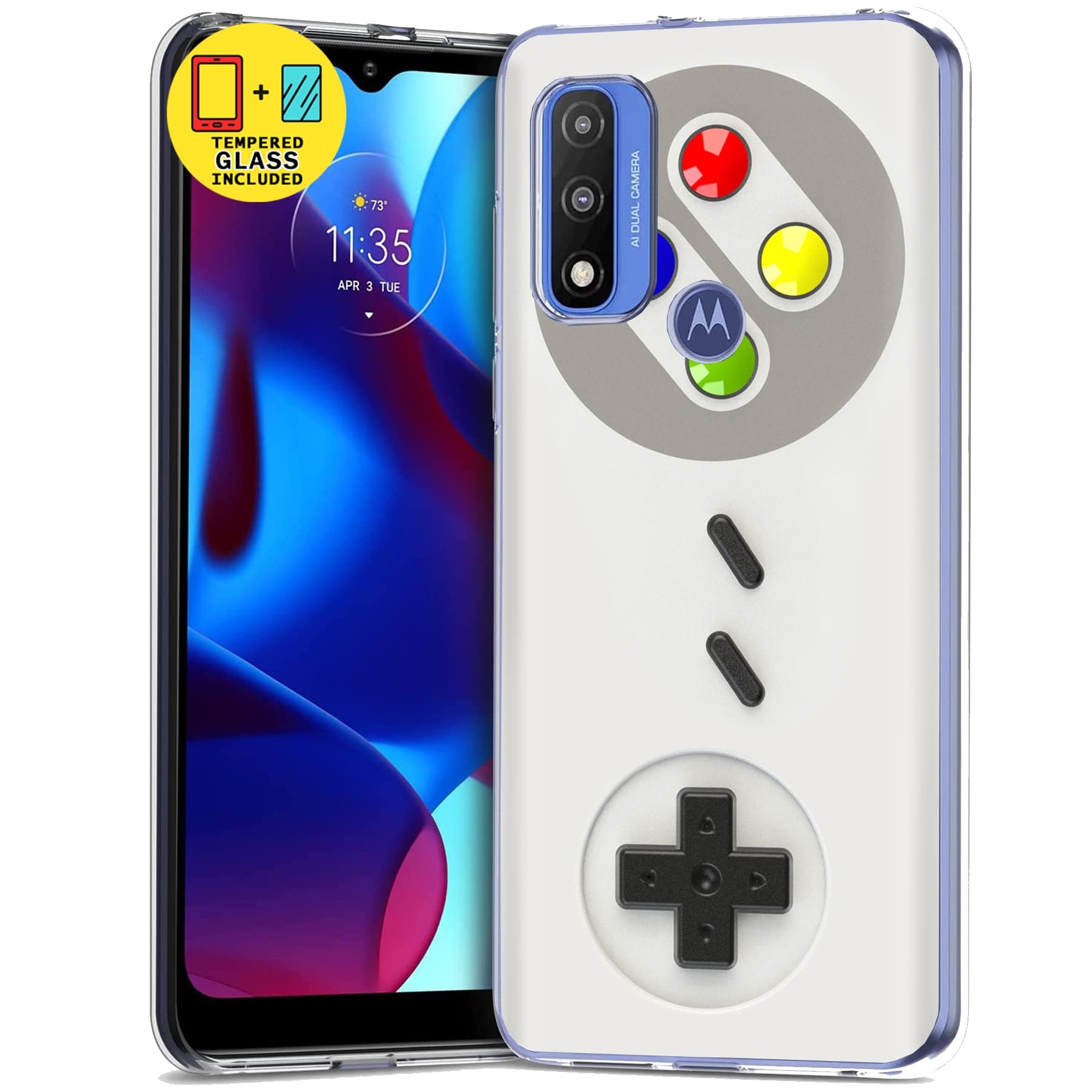 Slim Thin Gel TPU Case for Motorola Moto G Pure with Tempered Glass Screen Protector - Gameboy Print, Lightweight Flexible Soft Anti-Scratch Phone Cover - Perfect for Gaming, Daily Use & Protection (Printed in USA)